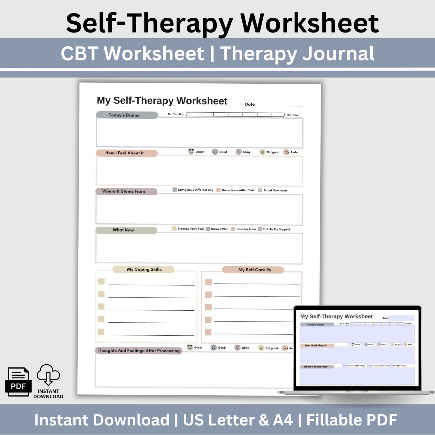 CBT worksheet for self-therapy, self-care, and processing anxiety and life stressors. This therapy journal page with structured prompts empowers you to process challenges, develop healthier thought patterns