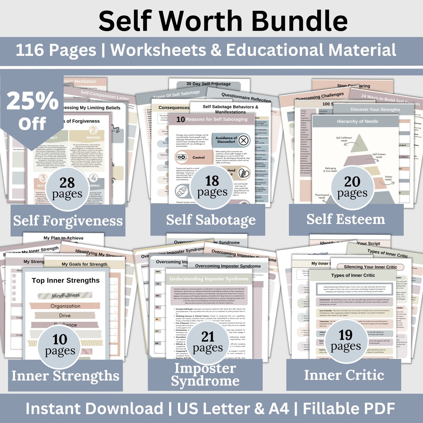 Self Worth Therapy Worksheets Bundle, Confidence, Self Esteem, Inner Critic, Self Sabotage, Imposter Syndrome, Self Care CBT Worksheets, DBT. 116 pages of essential resources for boosting self-esteem and exploring personal identity.