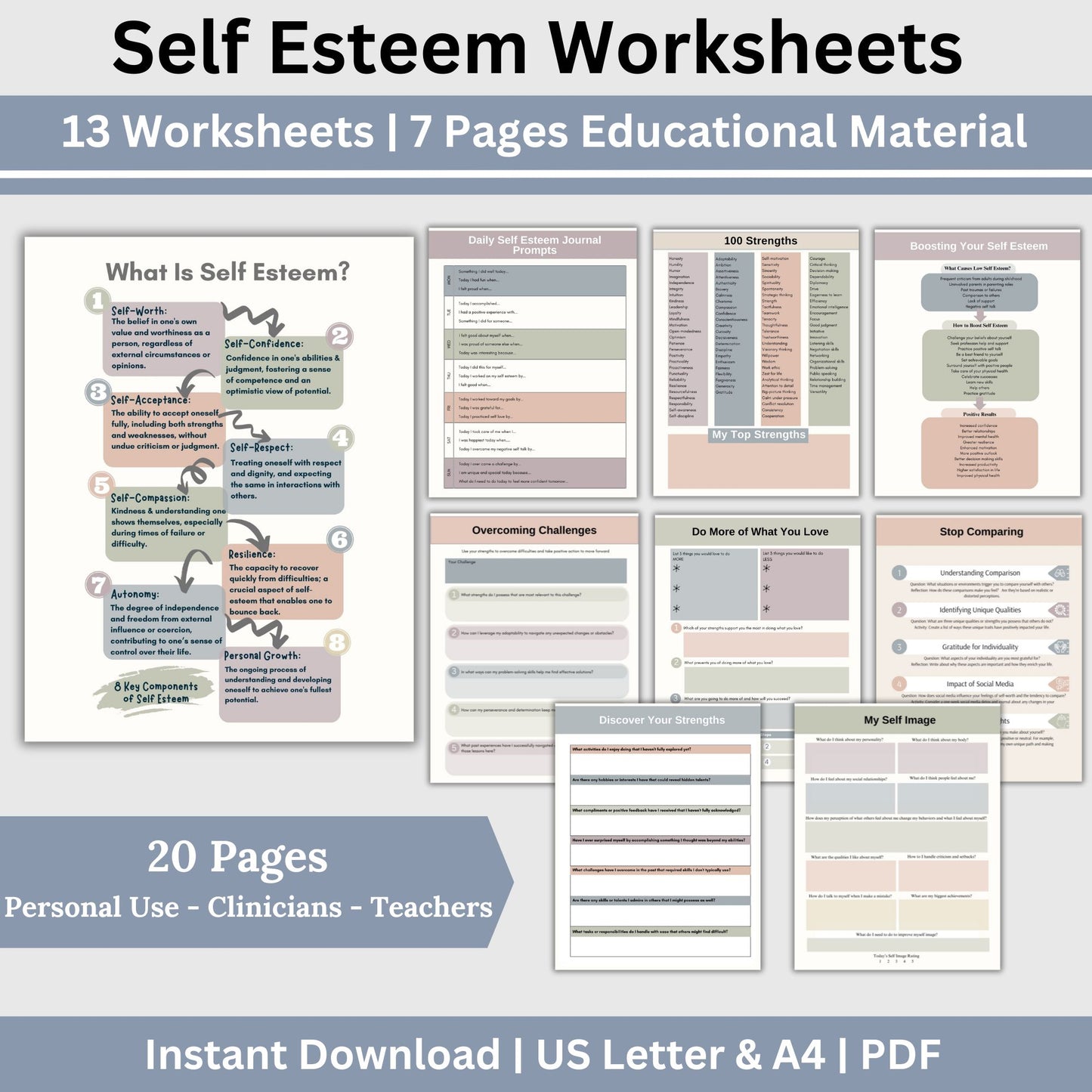 Discover the key to self-confidence with our Self-Esteem Worksheets, perfect for therapy, school counseling, or personal growth. Therapy Worksheets, Self Confidence Building, Self Love Therapy Resources, CBT Worksheets, Therapy Tools