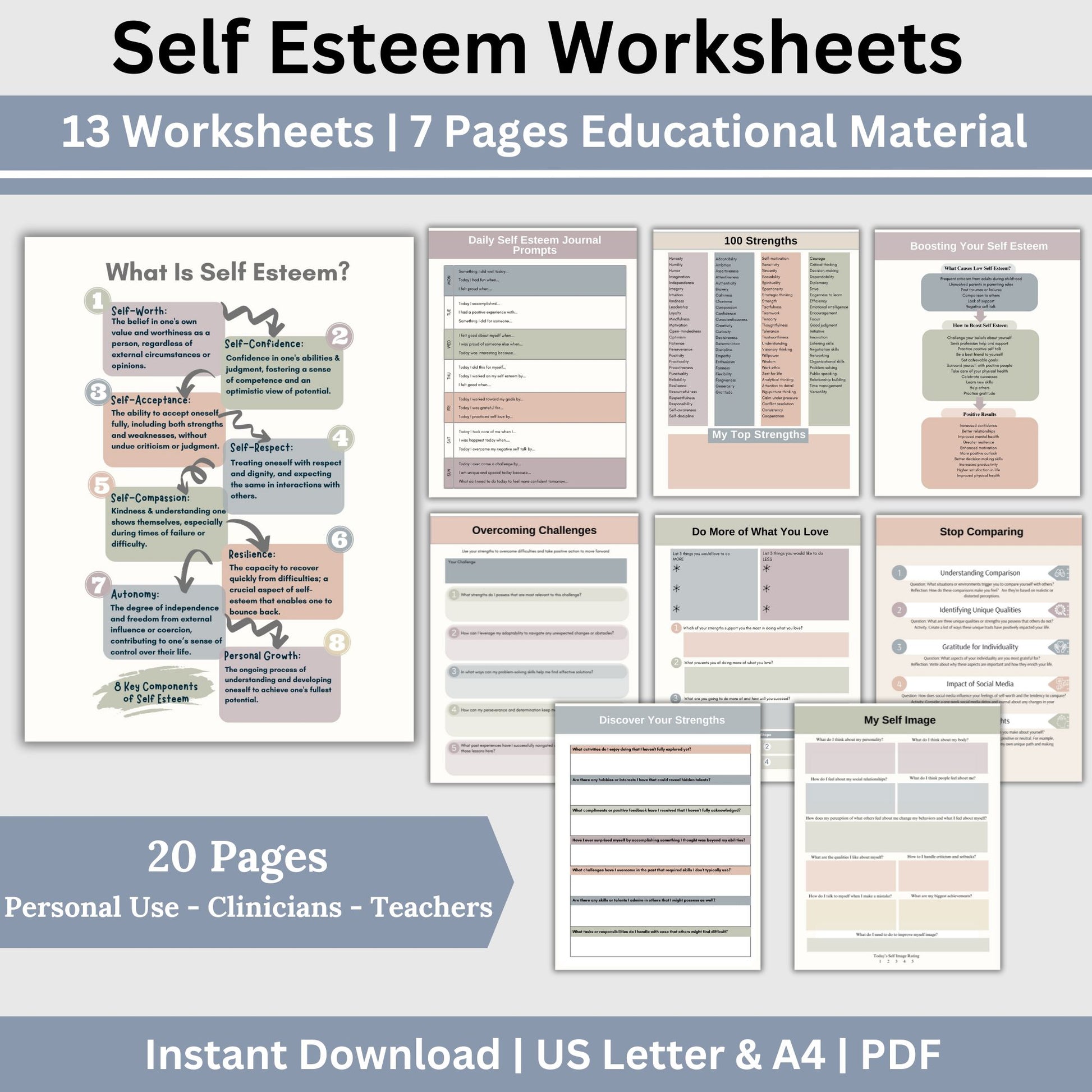 Discover the key to self-confidence with our Self-Esteem Worksheets, perfect for therapy, school counseling, or personal growth. Therapy Worksheets, Self Confidence Building, Self Love Therapy Resources, CBT Worksheets, Therapy Tools