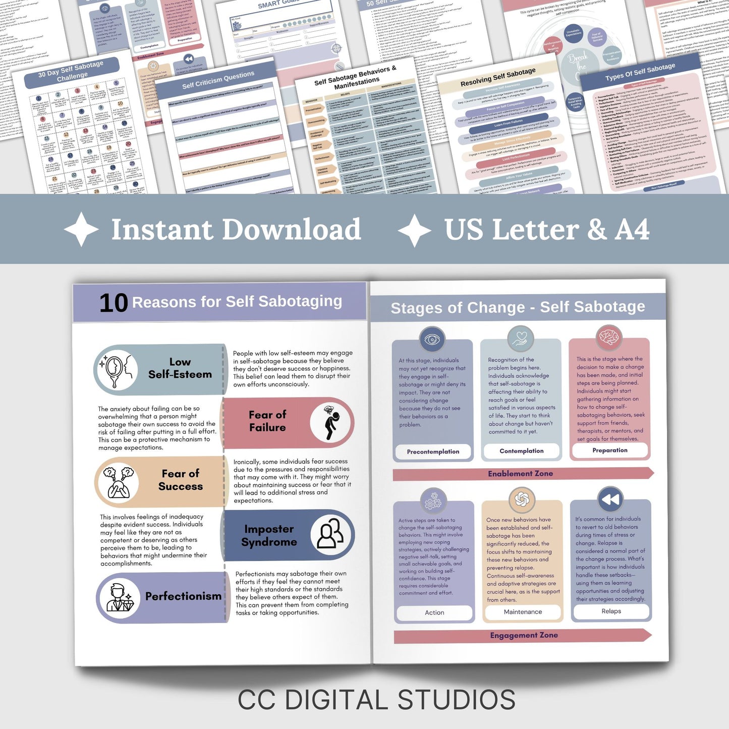 Self-Sabotage Worksheets, crafted to help you identify, understand, and overcome self-defeating behaviors. This resource integrates CBT worksheets and anxiety workbook. Inner Critic Self Love Journal, School Counselor, Goal Setting, Regulation