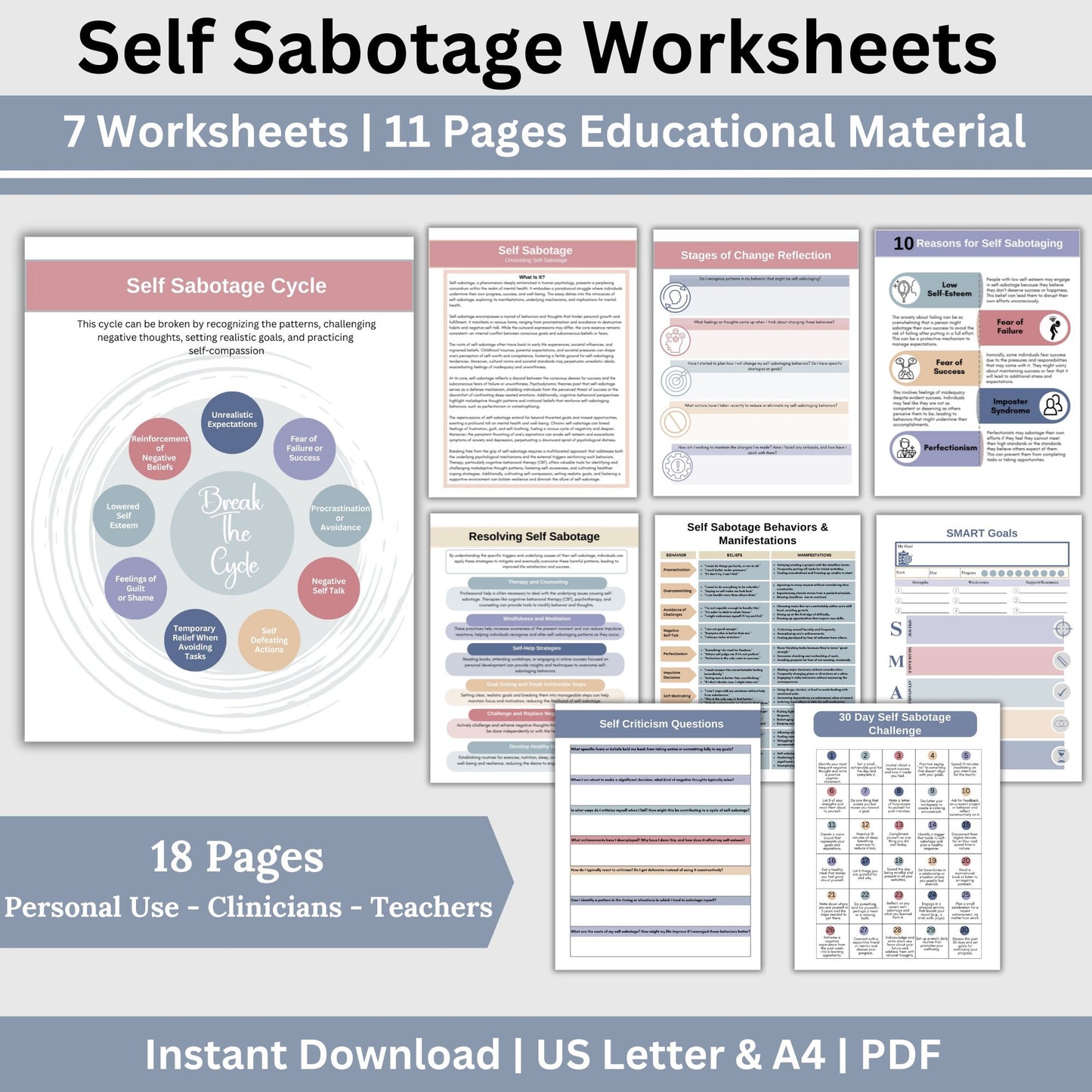 Self-Sabotage Worksheets, crafted to help you identify, understand, and overcome self-defeating behaviors. This resource integrates CBT worksheets and anxiety workbook. Inner Critic Self Love Journal, School Counselor, Goal Setting, Regulation