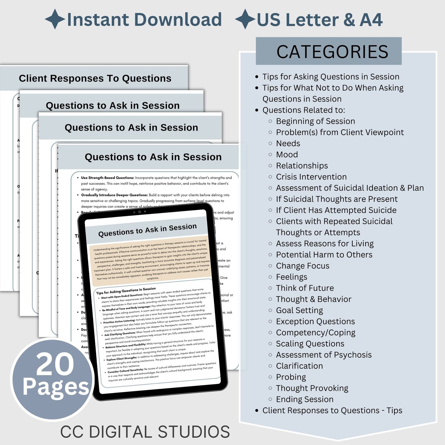 450 Questions and Tips Session Guide for mental health therapists. This therapy cheat sheet is designed to elevate your psychotherapy practice, featuring open-ended questions, crisis questions, and suicide assessment prompts.