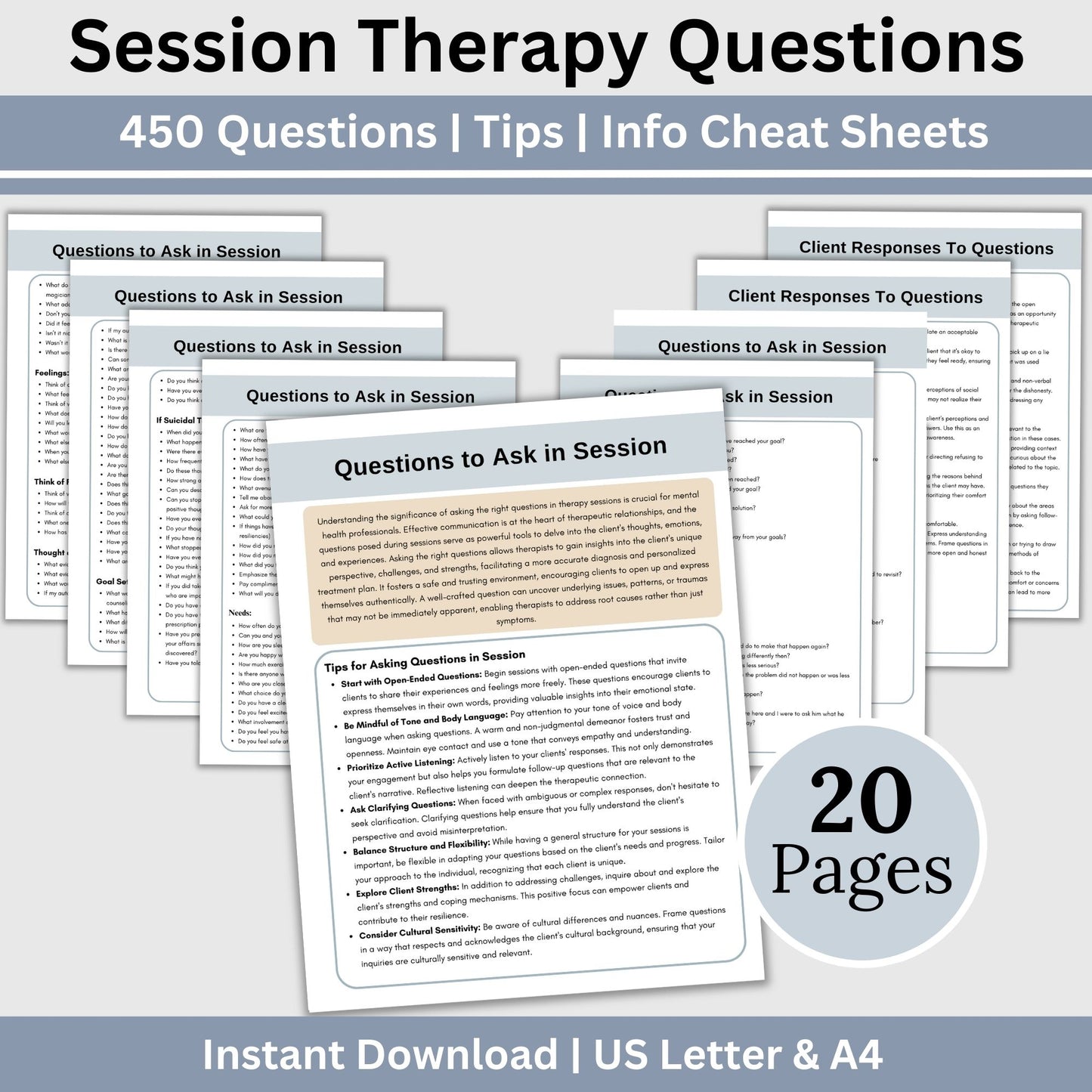 450 Questions and Tips Session Guide for mental health therapists. This therapy cheat sheet is designed to elevate your psychotherapy practice, featuring open-ended questions, crisis questions, and suicide assessment prompts.