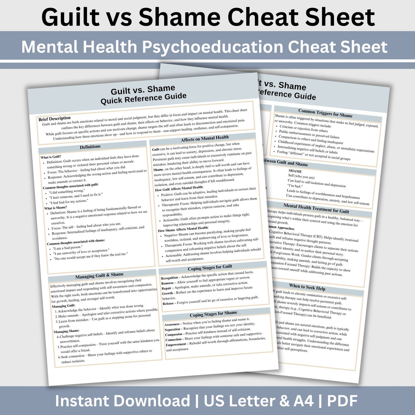 Guilt vs Shame Therapy Cheat Sheets