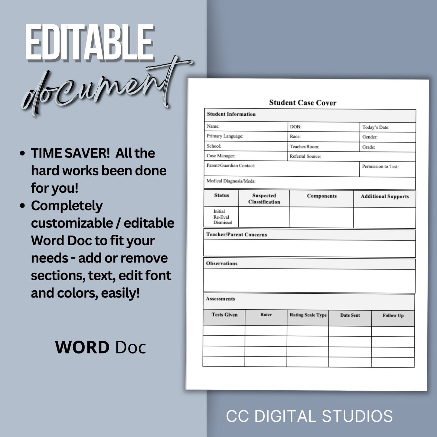 Student Assessment Template, School Psychologist, Student Case Cover Checklist, Special Education, School Counselor Resource, Psychology