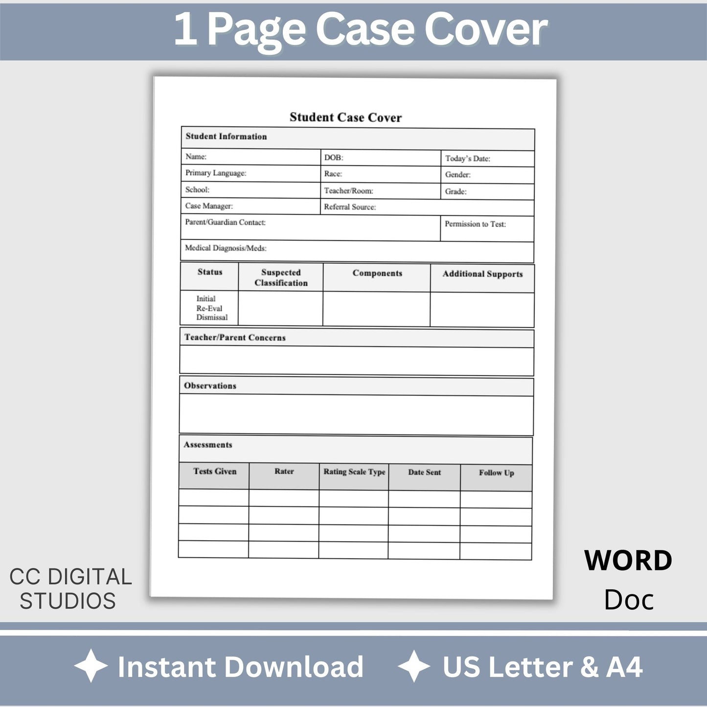 Student Assessment Template, School Psychologist, Student Case Cover Checklist, Special Education, School Counselor Resource, Psychology