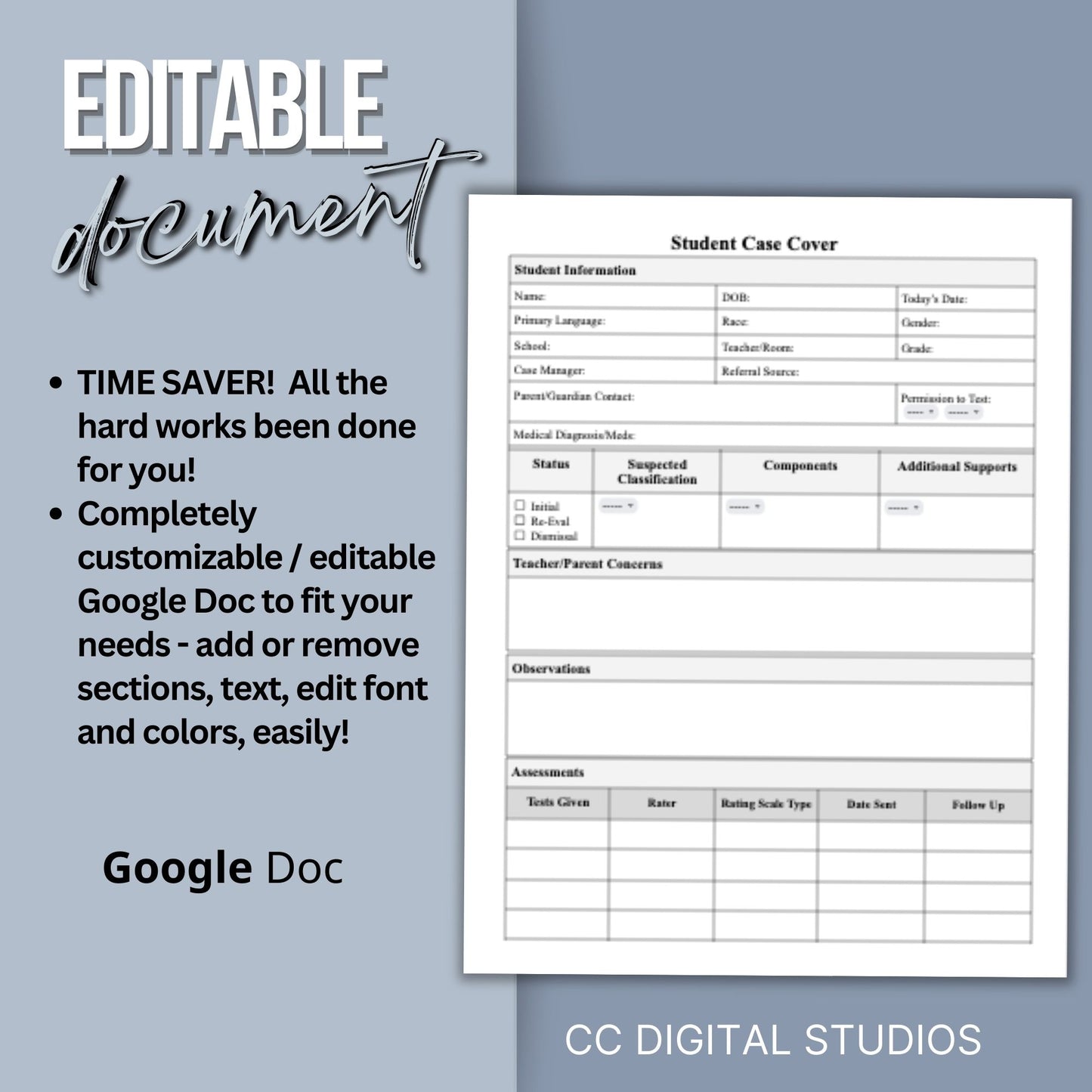 Student Assessment Template, School Psychologist, Student Case Cover Checklist, Special Education, School Counselor Resource, Psychology