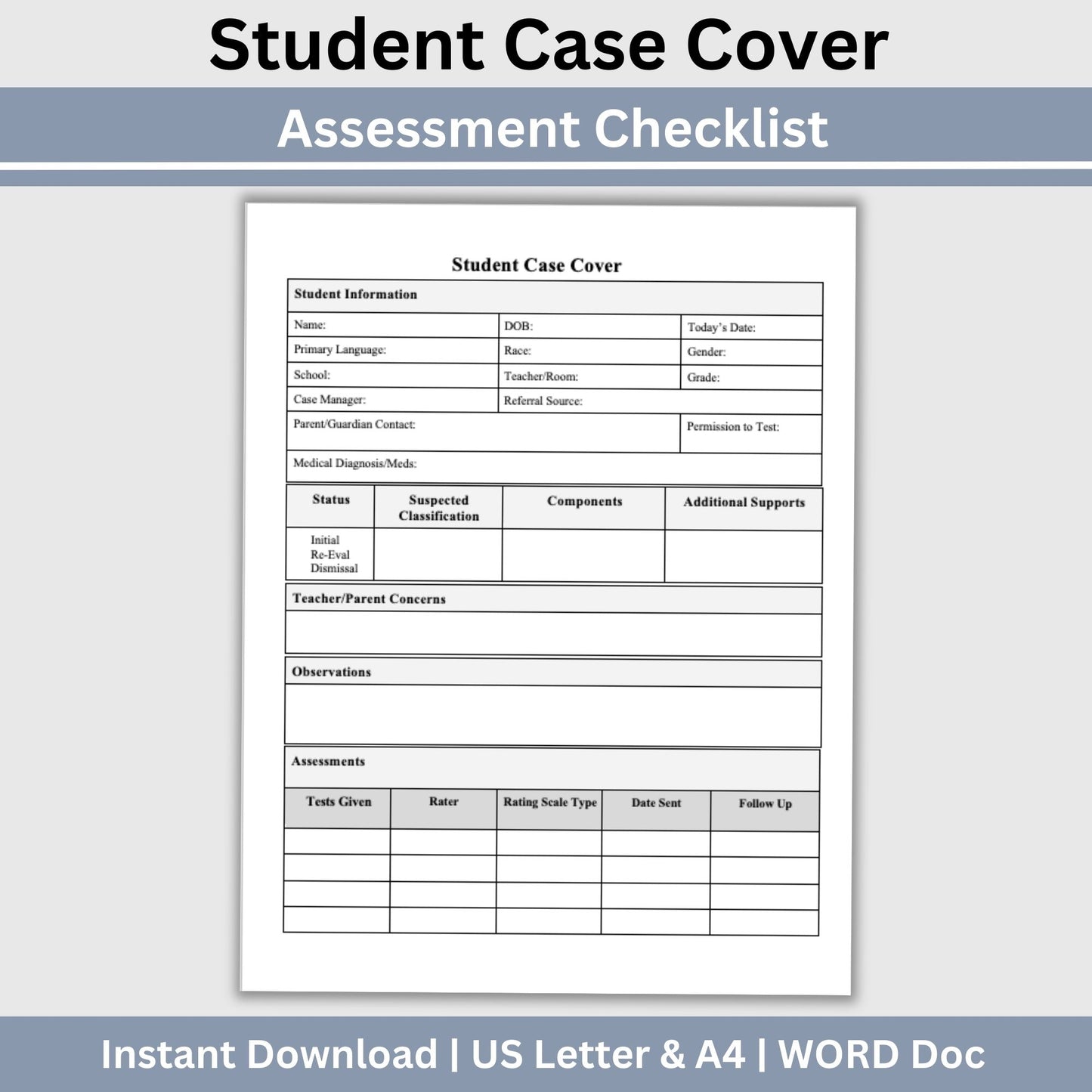 Student Assessment Template, School Psychologist, Student Case Cover Checklist, Special Education, School Counselor Resource, Psychology
