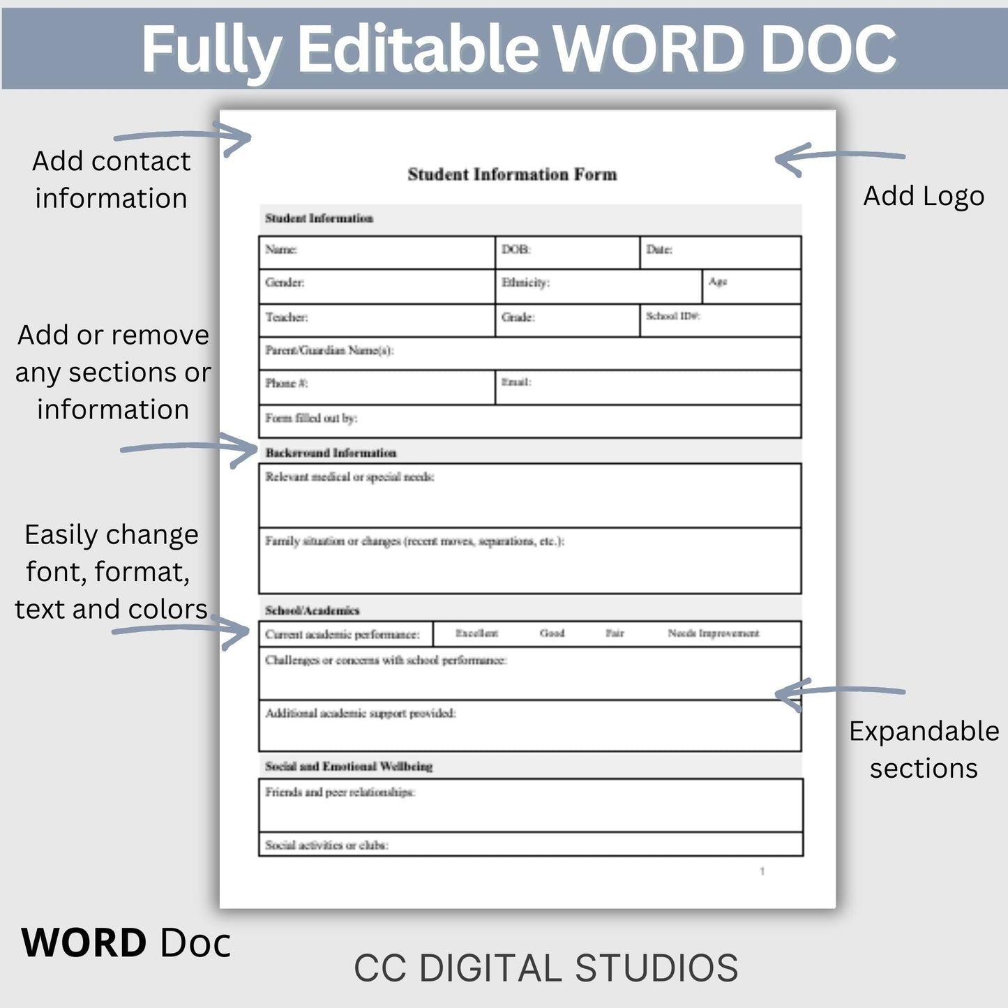 Student information form is perfect for teachers and parents to fill out and provide to their school psychologist, school counselor or school social worker. School Psychologist, School Social Work Form, Case Management Template for Client Intake