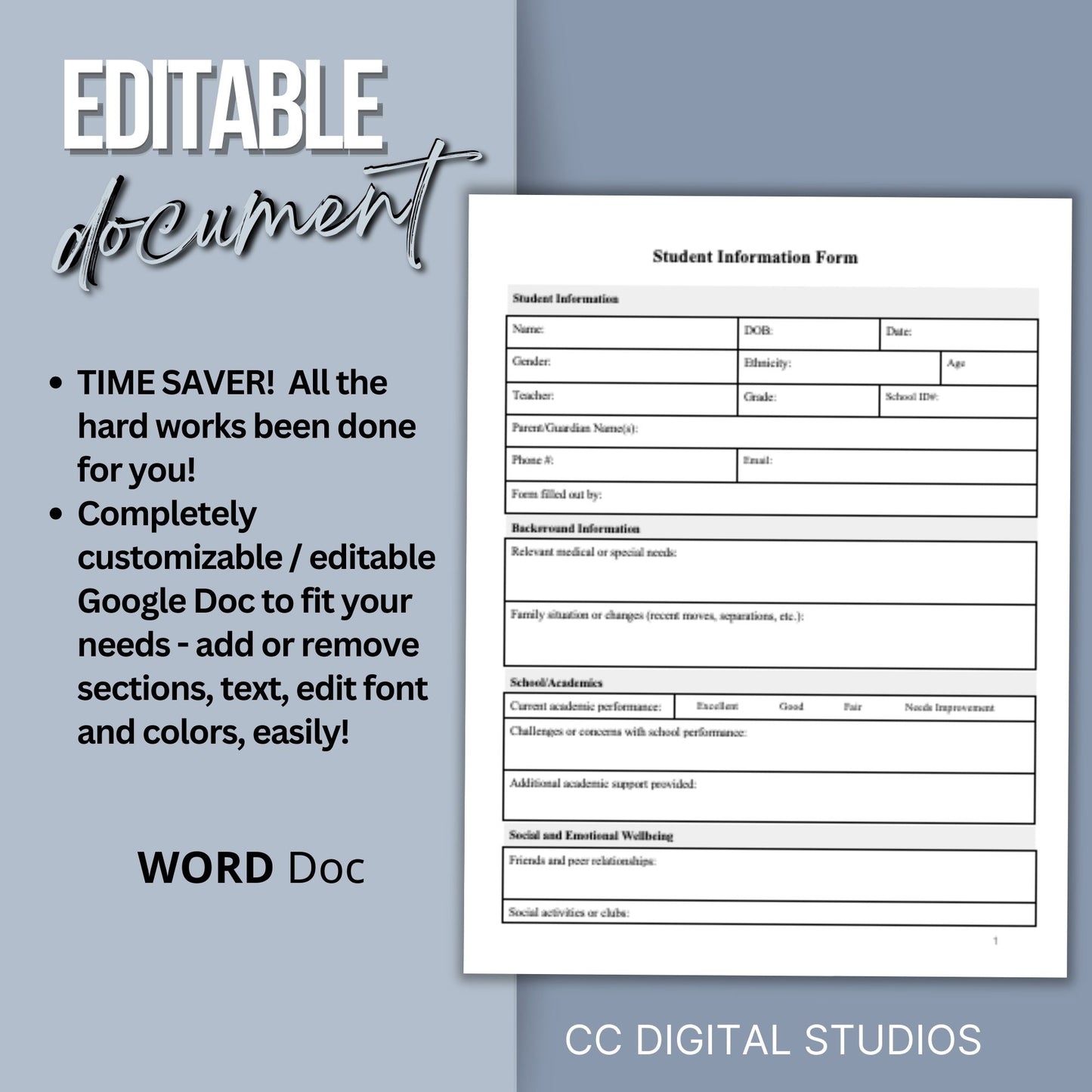 Student information form is perfect for teachers and parents to fill out and provide to their school psychologist, school counselor or school social worker. School Psychologist, School Social Work Form, Case Management Template for Client Intake