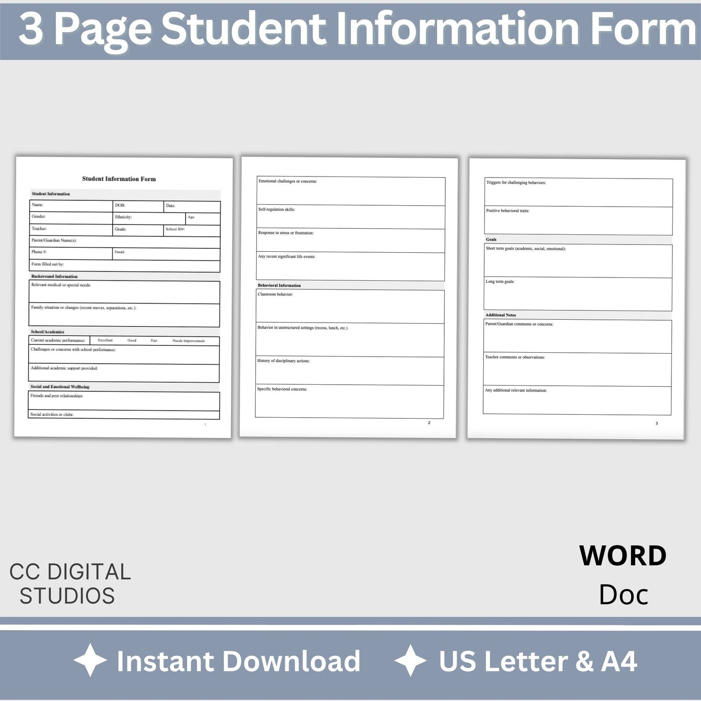 Student information form is perfect for teachers and parents to fill out and provide to their school psychologist, school counselor or school social worker. School Psychologist, School Social Work Form, Case Management Template for Client Intake