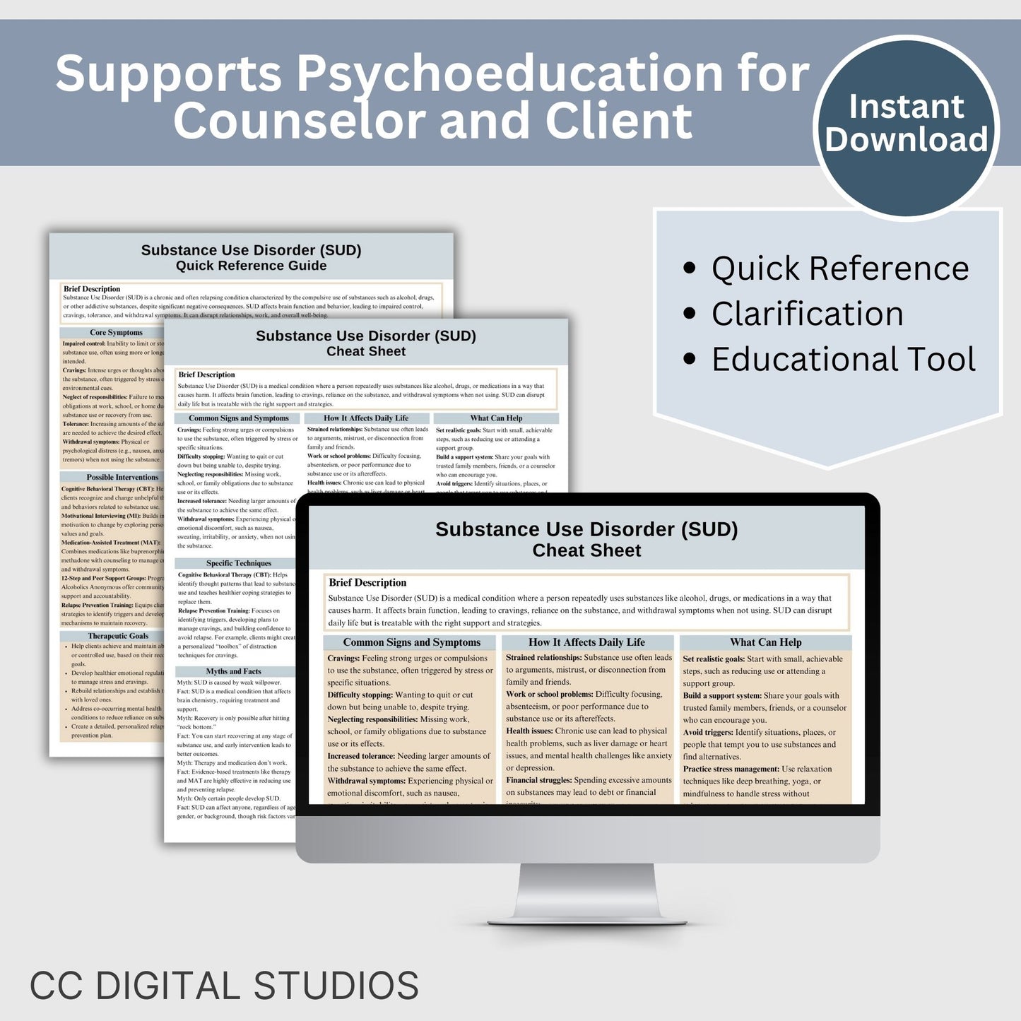 This 2-in-1 Substance Use Disorder Cheat Sheet is designed for both therapists and clients! It includes a therapist's quick reference guide and a client-friendly psychoeducational sheet, making it a valuable SUD therapy tool.