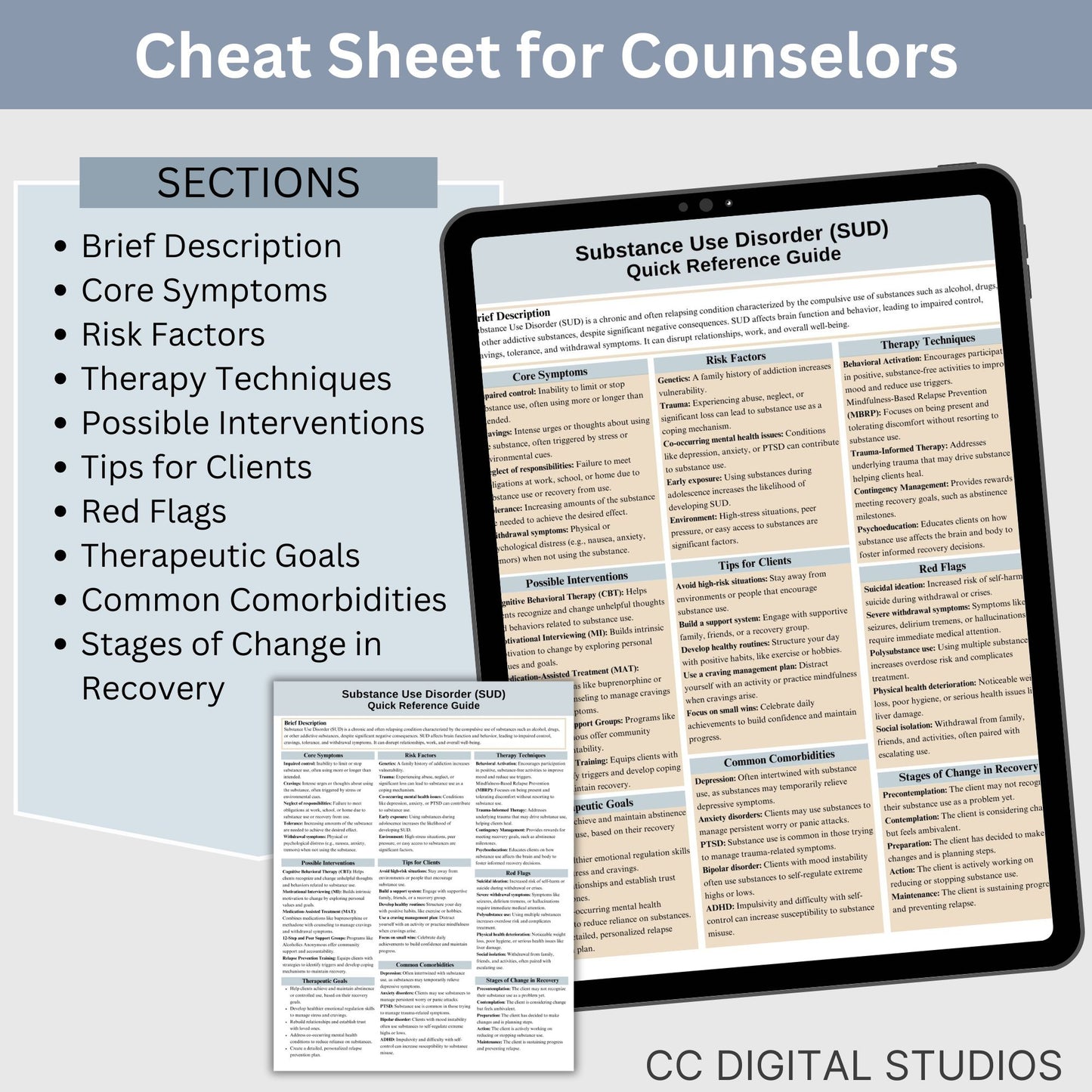 This 2-in-1 Substance Use Disorder Cheat Sheet is designed for both therapists and clients! It includes a therapist's quick reference guide and a client-friendly psychoeducational sheet, making it a valuable SUD therapy tool.