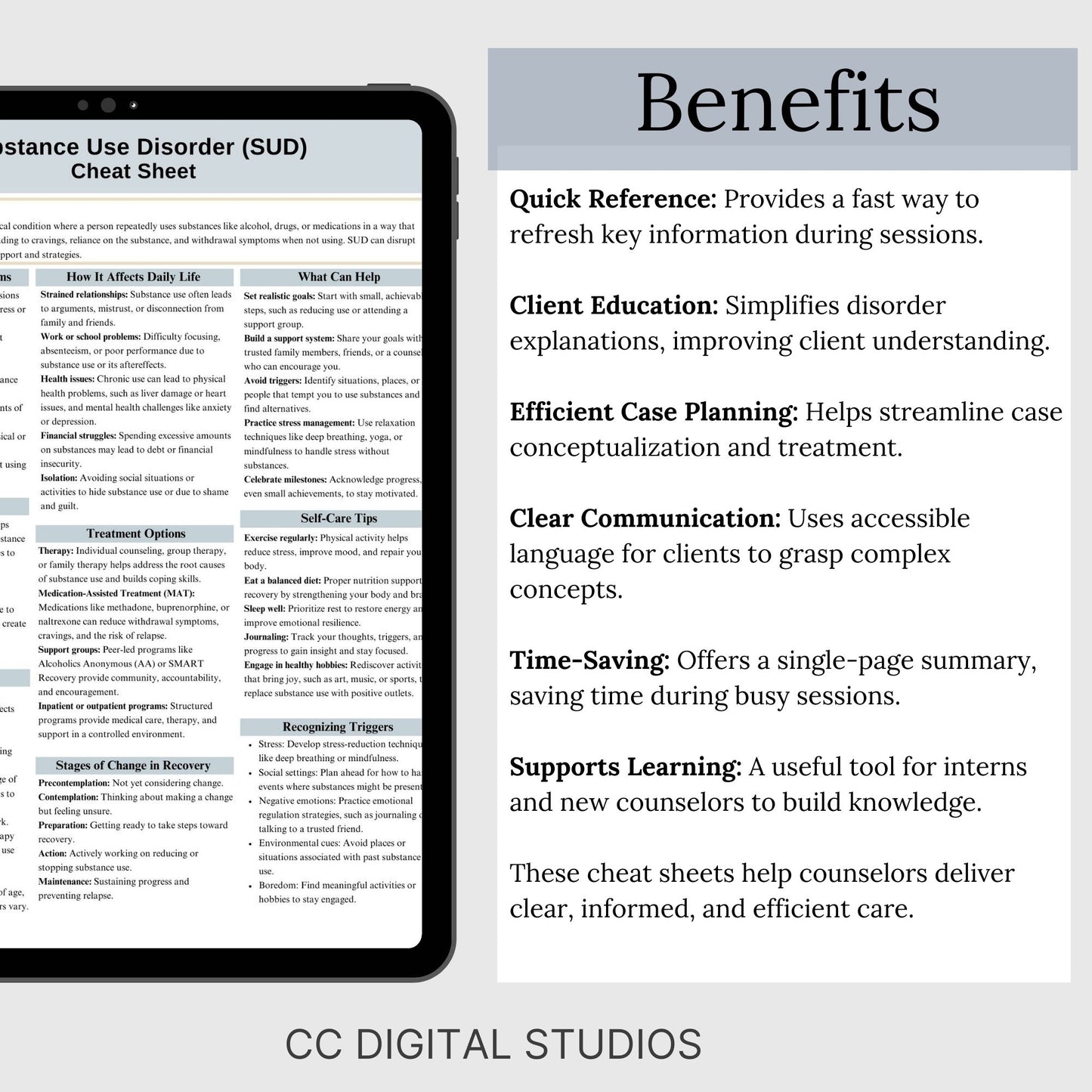 This 2-in-1 Substance Use Disorder Cheat Sheet is designed for both therapists and clients! It includes a therapist's quick reference guide and a client-friendly psychoeducational sheet, making it a valuable SUD therapy tool.