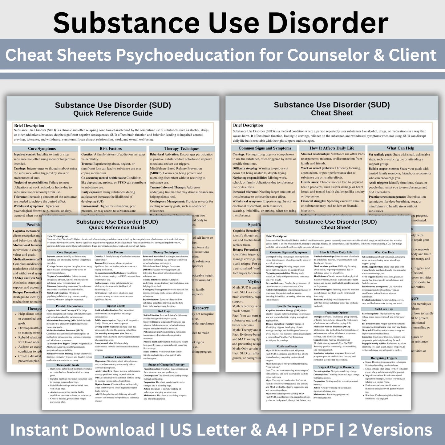 This 2-in-1 Substance Use Disorder Cheat Sheet is designed for both therapists and clients! It includes a therapist's quick reference guide and a client-friendly psychoeducational sheet, making it a valuable SUD therapy tool.