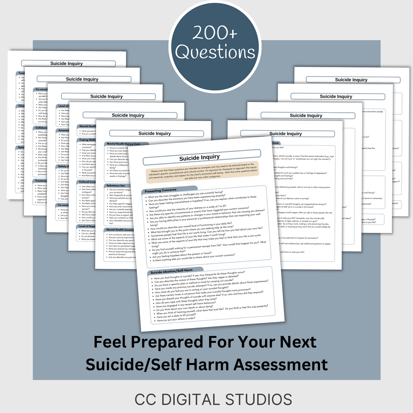 200+ questions for suicide inquiry and self harm assessment. This crisis intervention therapy cheat sheet is a comprehensive tool to help you to feel prepared when dealing with self harm and suicidal tendencies.