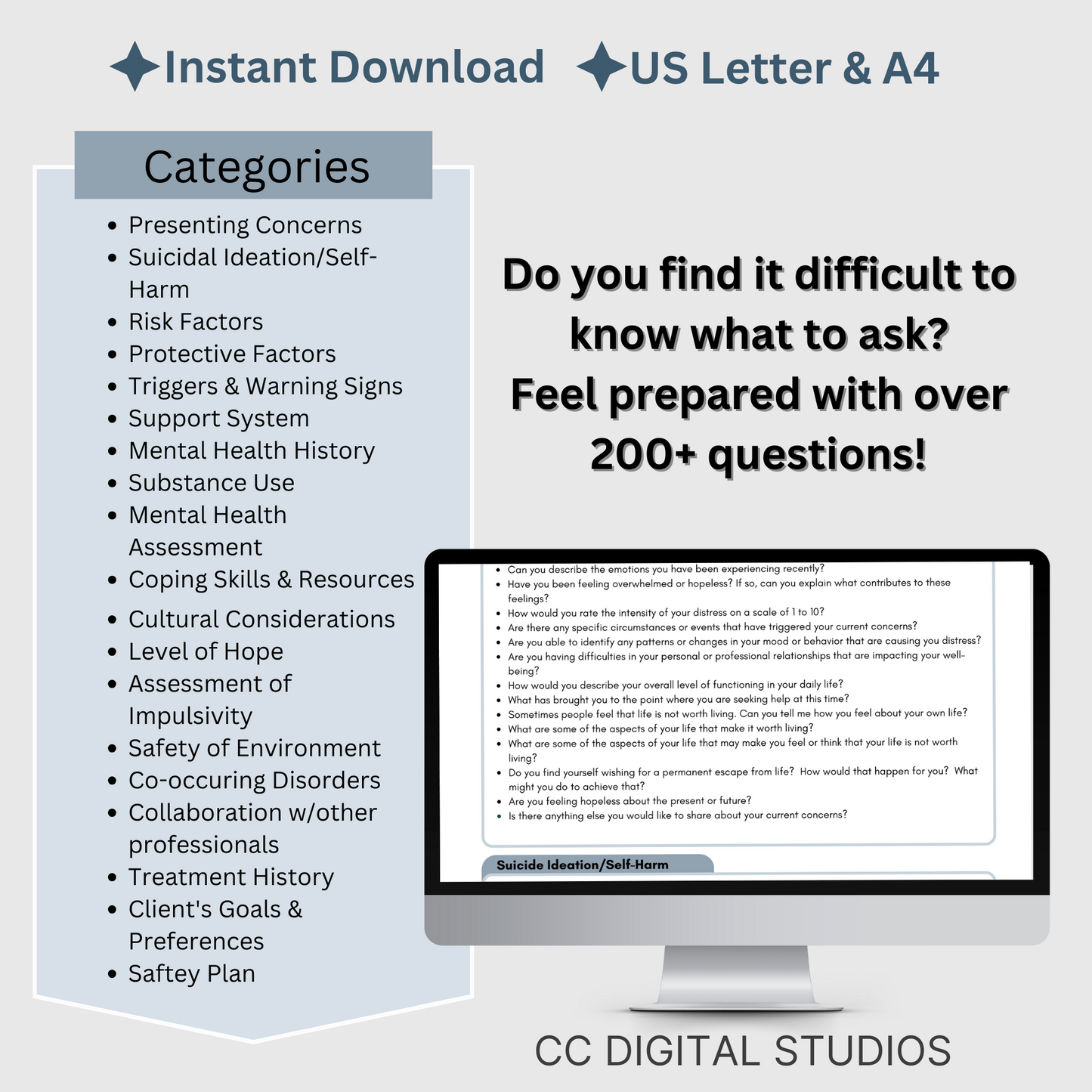 200+ questions for suicide inquiry and self harm assessment. This crisis intervention therapy cheat sheet is a comprehensive tool to help you to feel prepared when dealing with self harm and suicidal tendencies.
