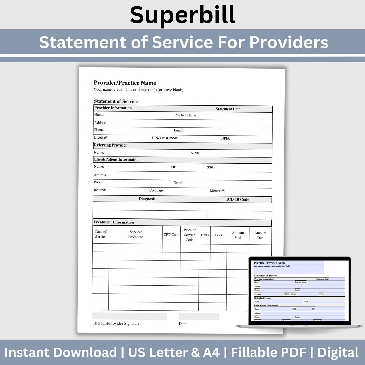 Streamline your therapist office with our Mental Health Superbill Template. This fillable PDF superbill is the perfect invoice template for private practice counseling forms. Simplify your administrative tasks with this therapy template