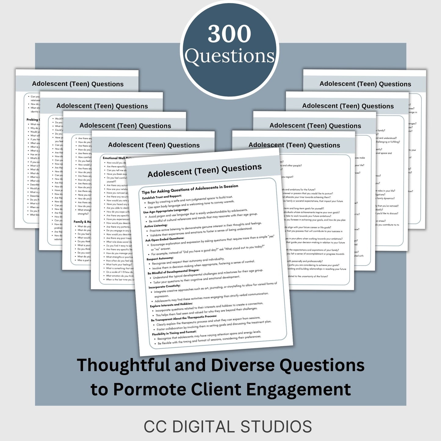 300 therapy session questions. Perfect for child therapy when treating teens, these reference sheets serve as therapy cheat sheets and engaging adolescent conversation starters.