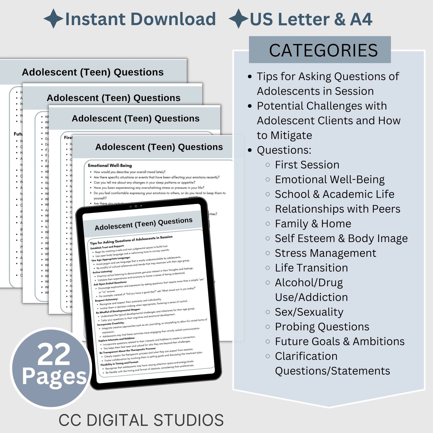 300 therapy session questions. Perfect for child therapy when treating teens, these reference sheets serve as therapy cheat sheets and engaging adolescent conversation starters.
