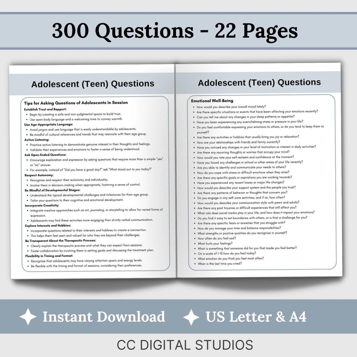 300 therapy session questions. Perfect for child therapy when treating teens, these reference sheets serve as therapy cheat sheets and engaging adolescent conversation starters.