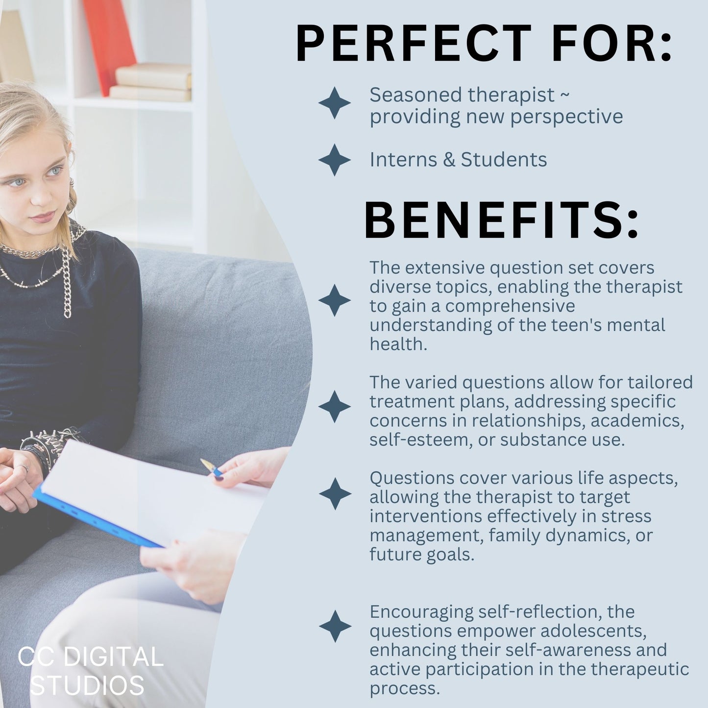 300 therapy session questions. Perfect for child therapy when treating teens, these reference sheets serve as therapy cheat sheets and engaging adolescent conversation starters.
