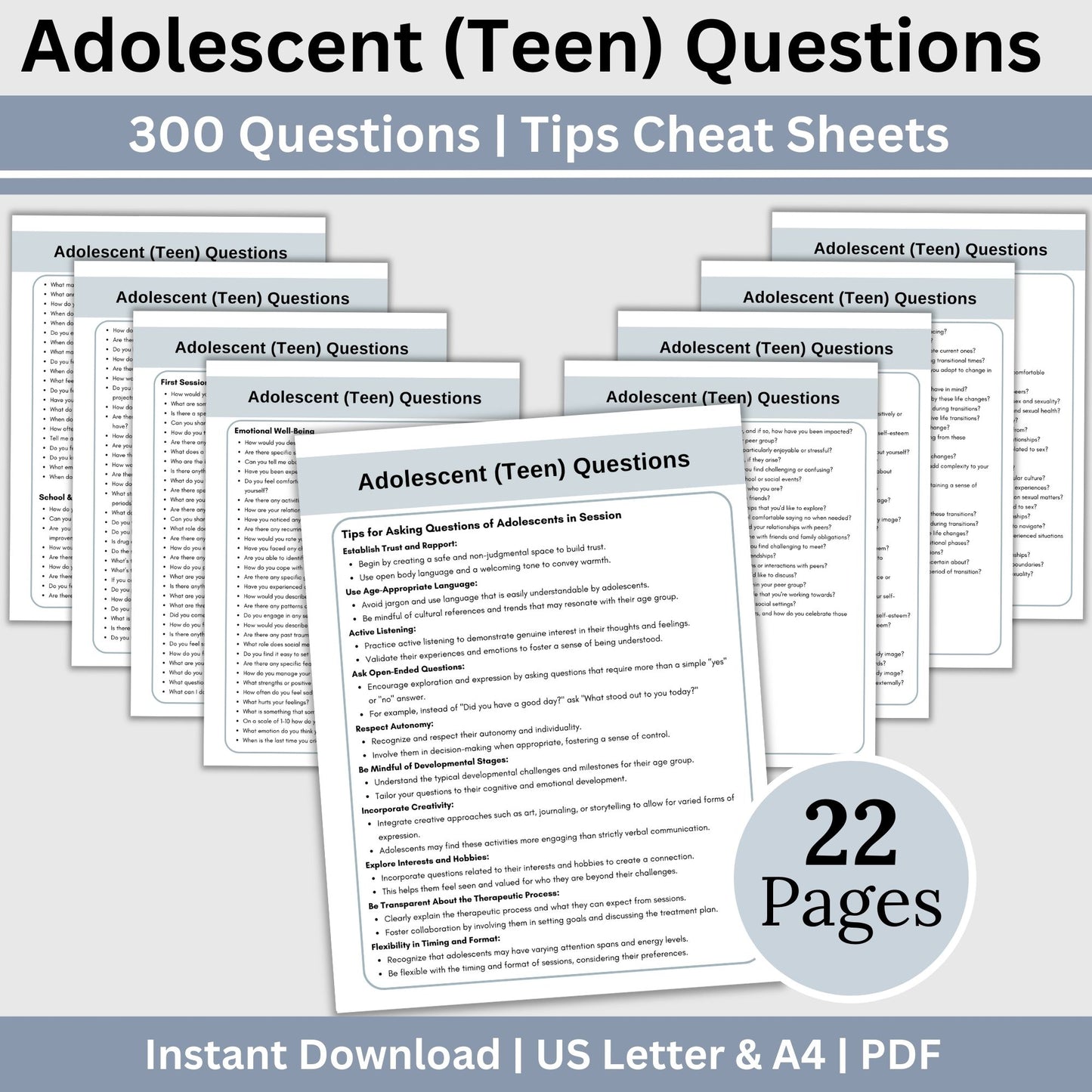 300 therapy session questions. Perfect for child therapy when treating teens, these reference sheets serve as therapy cheat sheets and engaging adolescent conversation starters.