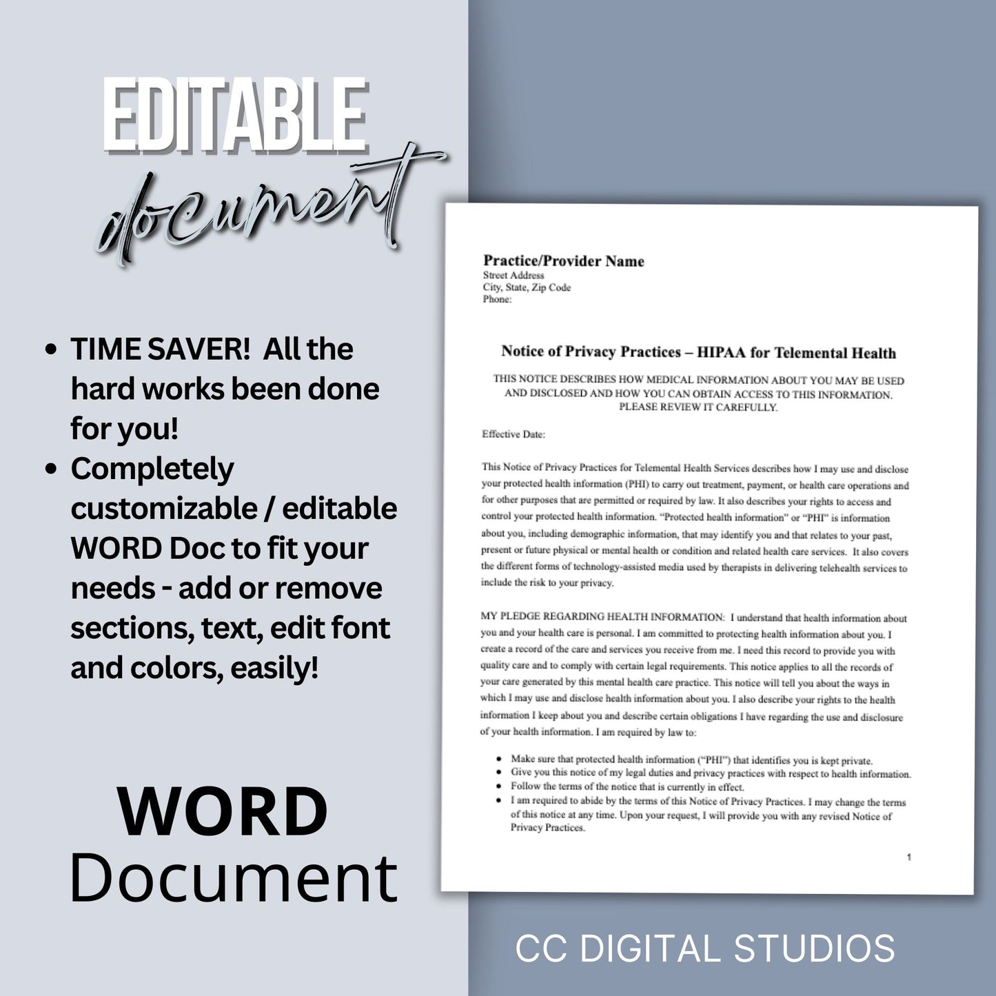 Telemental Health HIPAA Form, Notice of Privacy Practices for Therapist Office, Telehealth Consent Forms, Counseling Forms, Client Intake