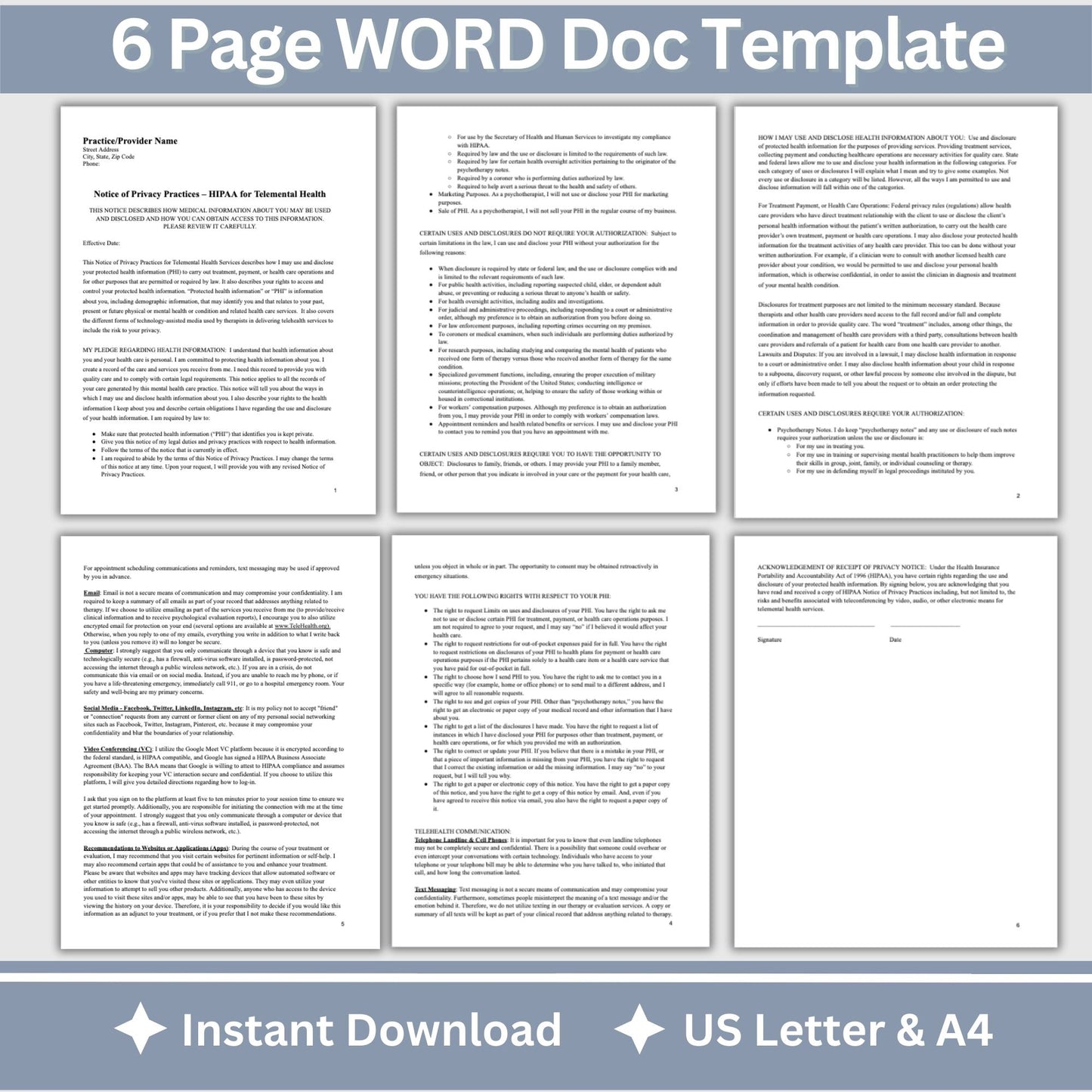 Telemental Health HIPAA Form, Notice of Privacy Practices for Therapist Office, Telehealth Consent Forms, Counseling Forms, Client Intake
