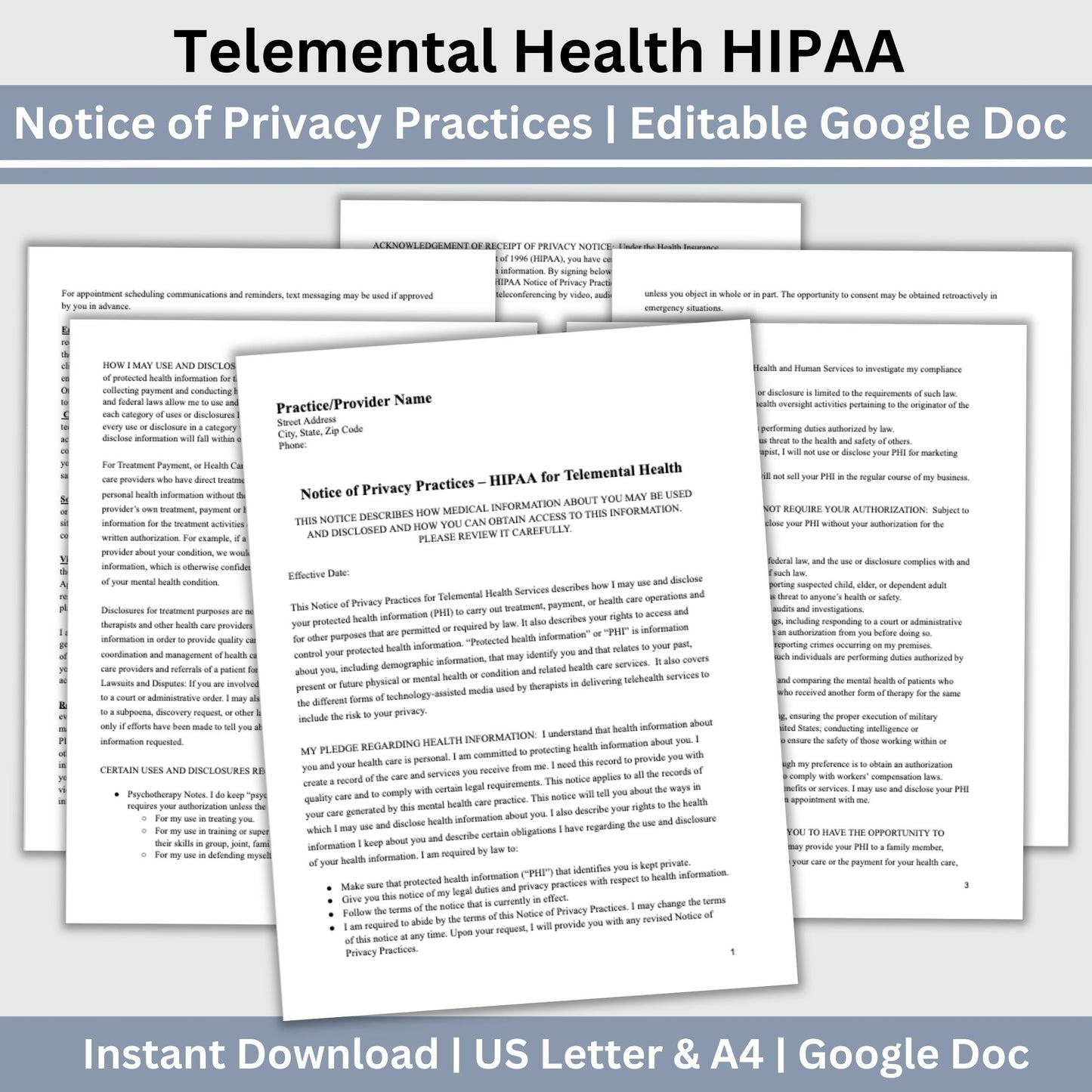 Telemental Health HIPAA Form, Notice of Privacy Practices for Therapist Office, Telehealth Consent Forms, Counseling Forms, Client Intake