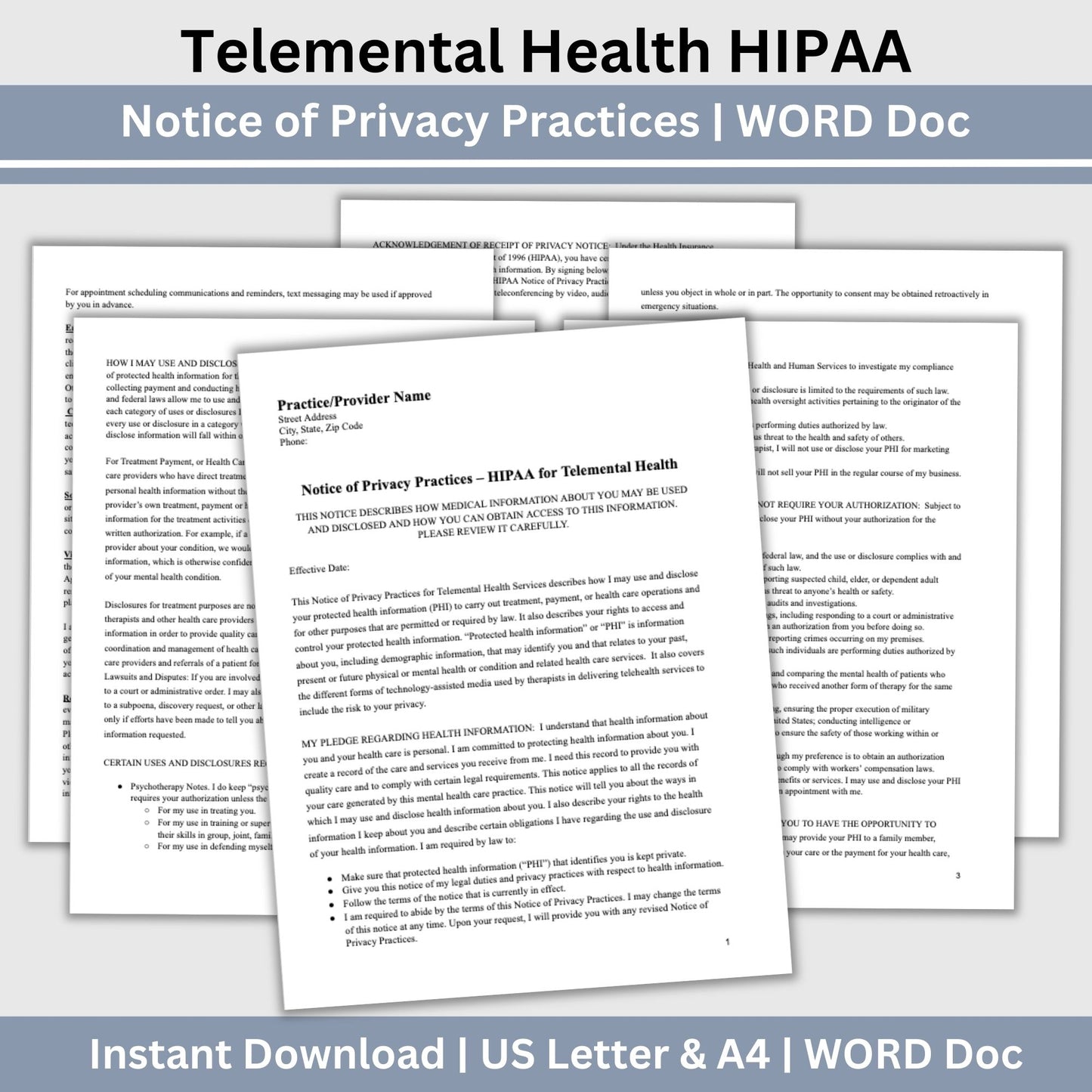 Telemental Health HIPAA Form, Notice of Privacy Practices for Therapist Office, Telehealth Consent Forms, Counseling Forms, Client Intake
