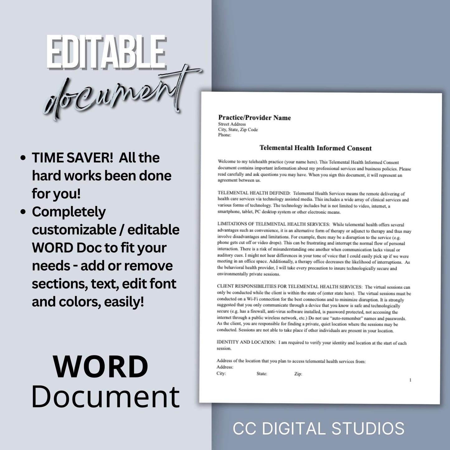 Telemental Health Informed Consent Template, professionally designed for private practice therapist offices. This consent template provides a clear, and comprehensive guide to the services you offer remotely. Mental Health Consent, counseling forms