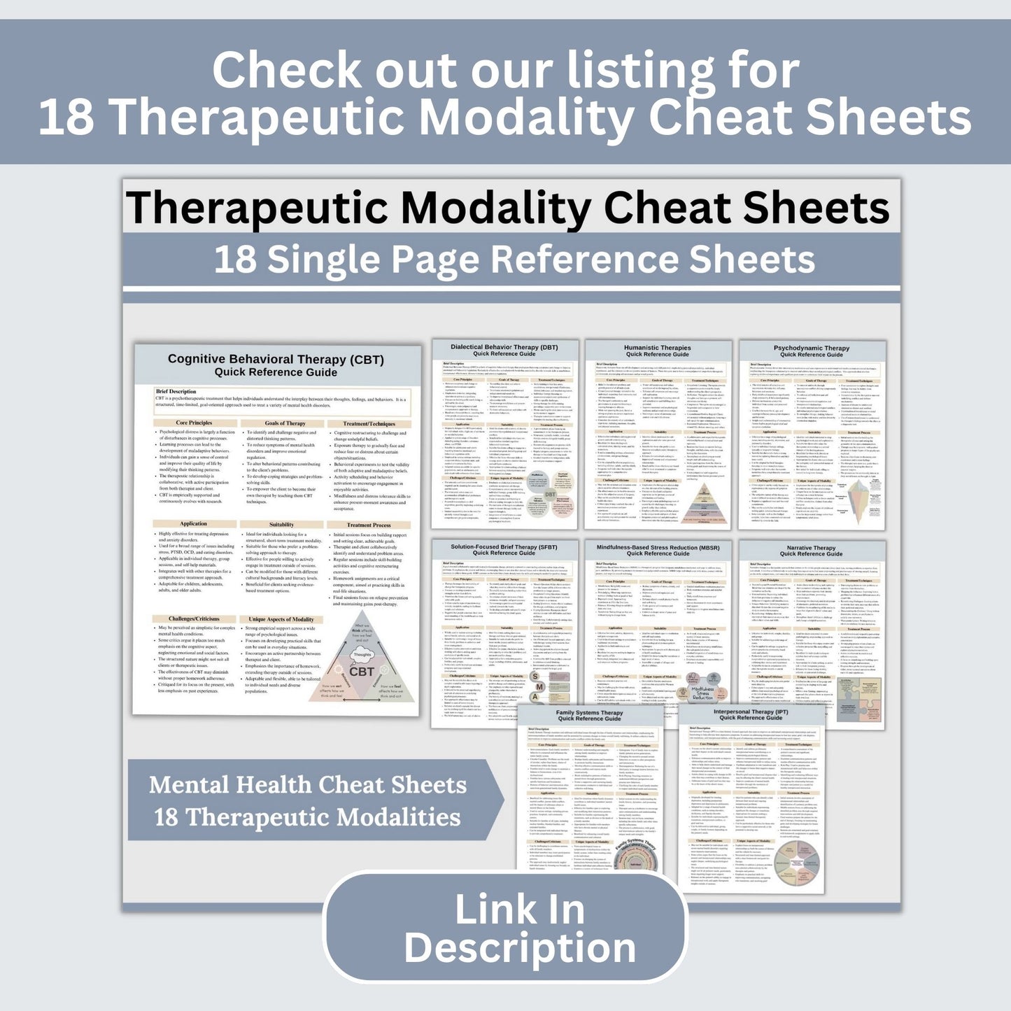 20 mental health infographic cards featuring different therapy modalities and mental health information! For therapists office, social workers, and school counselors, these 3x5 cards for workshops, therapy sessions, and psychoeducation