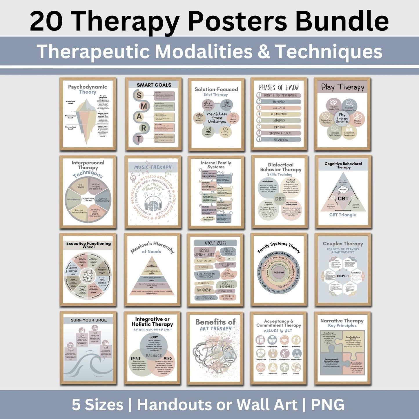 Therapy Wall Art & therapy Handout Bundle. Perfect for therapists, school counselors, and social workers, this collection of 20 mental health posters