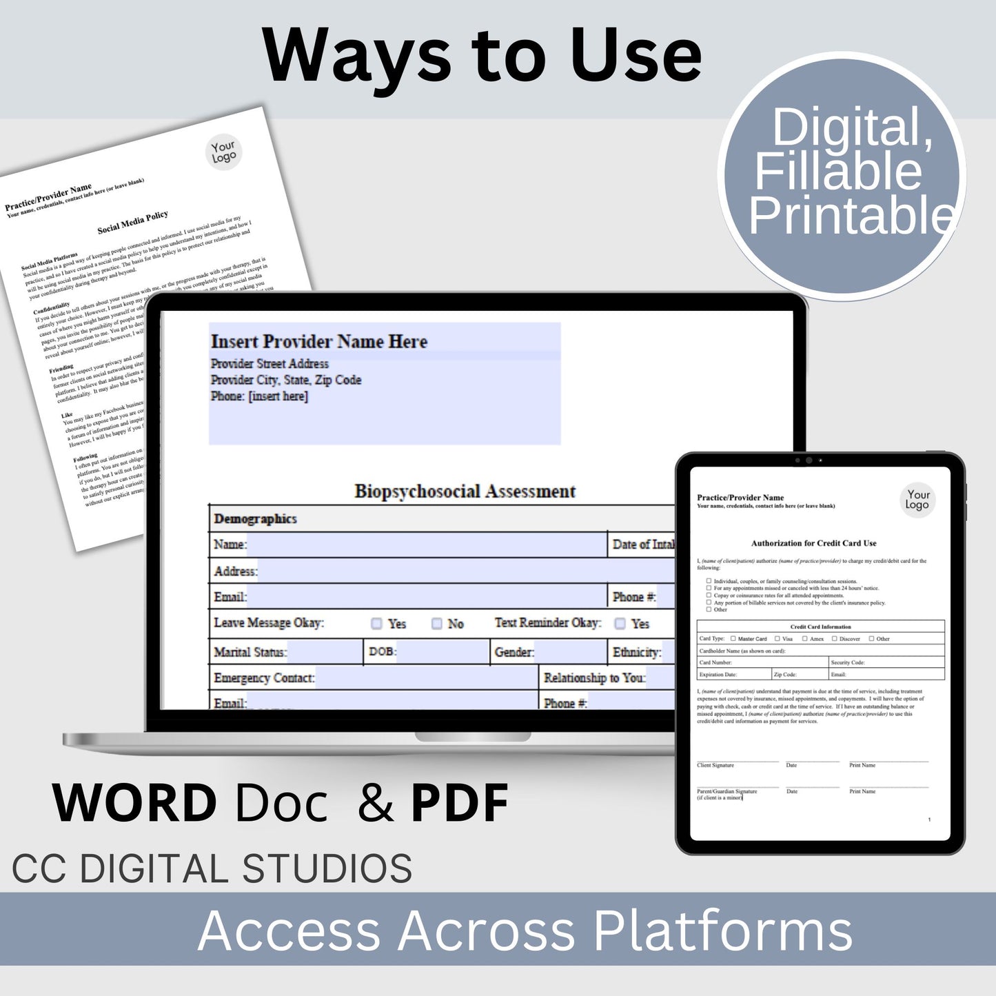 Counseling Forms & Policy Consents Bundle, Therapy Notes for Private Practice, Therapist Office Policies and Consents, PDF and WORD Docs. 18 essential forms, progress notes, treatment plans, biopsychosocial assessments, and client intake forms.
