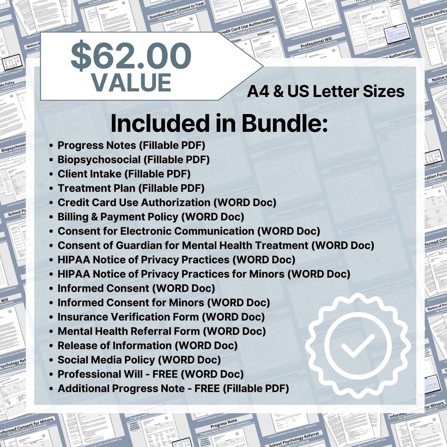 Counseling Forms & Policy Consents Bundle, Therapy Notes for Private Practice, Therapist Office Policies and Consents, PDF and WORD Docs. 18 essential forms, progress notes, treatment plans, biopsychosocial assessments, and client intake forms.