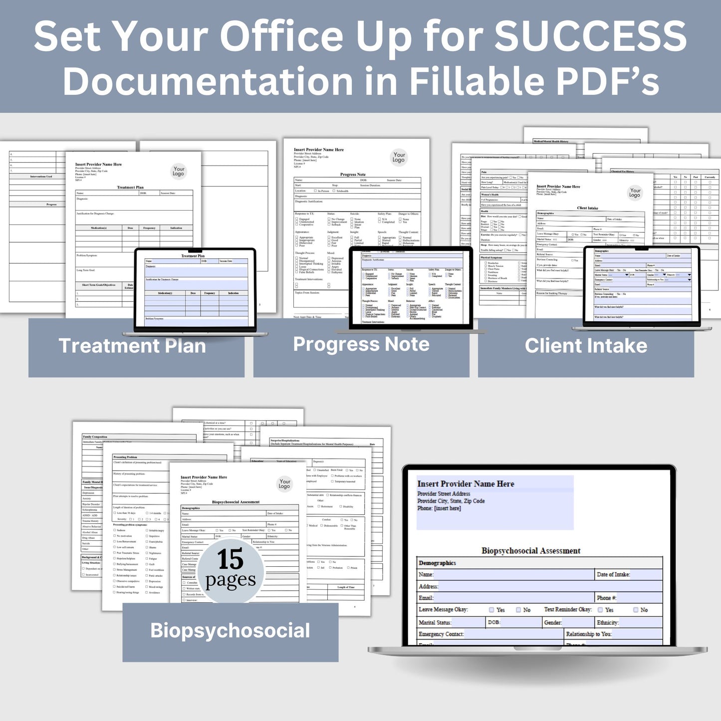 Counseling Forms & Policy Consents Bundle, Therapy Notes for Private Practice, Therapist Office Policies and Consents, PDF and WORD Docs. 18 essential forms, progress notes, treatment plans, biopsychosocial assessments, and client intake forms.