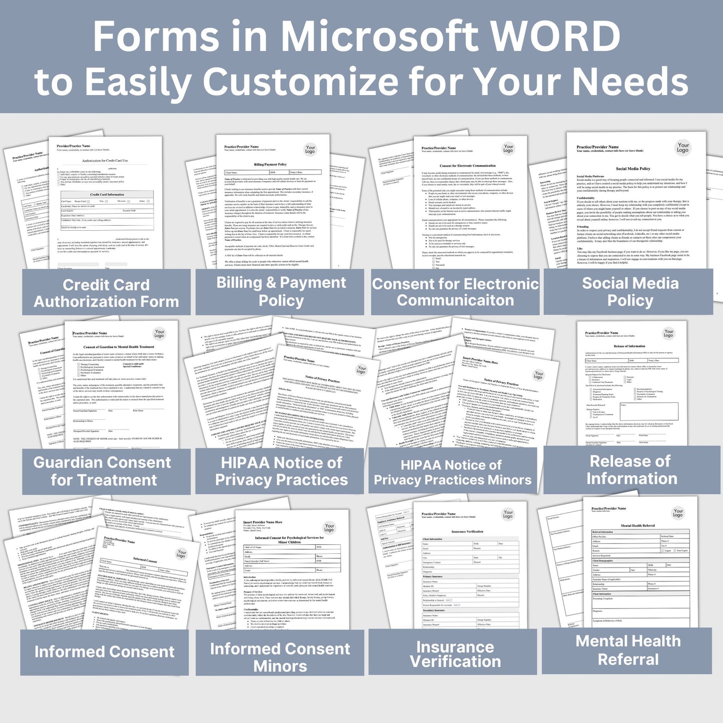 Counseling Forms & Policy Consents Bundle, Therapy Notes for Private Practice, Therapist Office Policies and Consents, PDF and WORD Docs. 18 essential forms, progress notes, treatment plans, biopsychosocial assessments, and client intake forms.