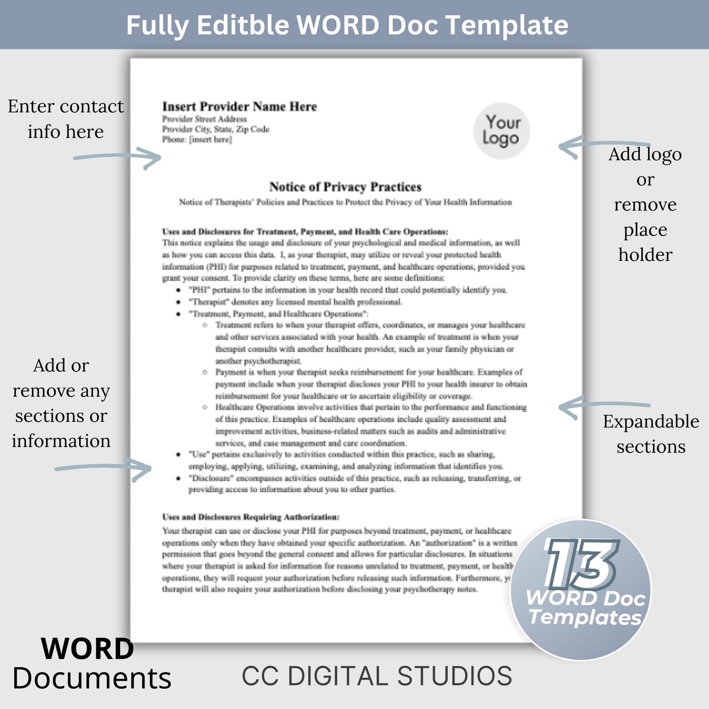 Therapy private practice policies, authorizations, notices & consents for your therapy office built and ready for you to use.