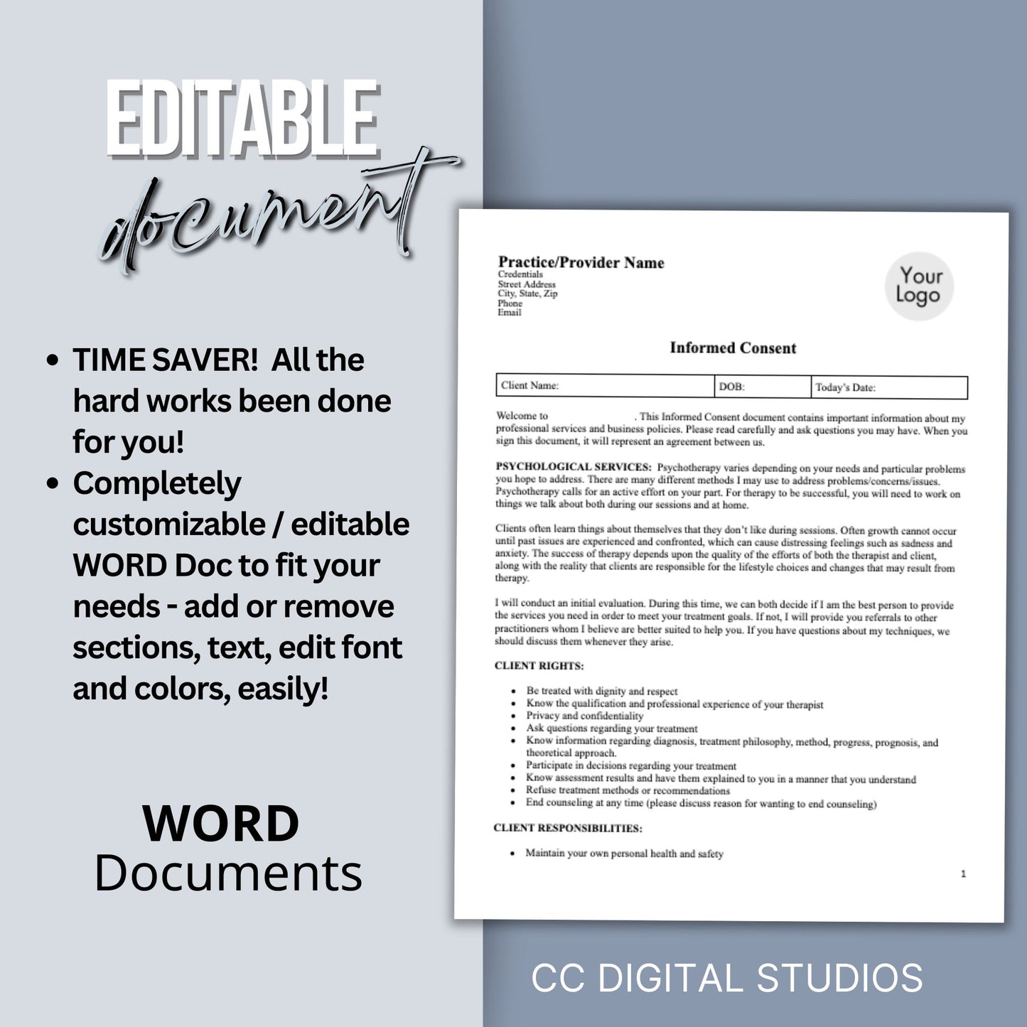 Therapy private practice policies, authorizations, notices & consents for your therapy office built and ready for you to use.