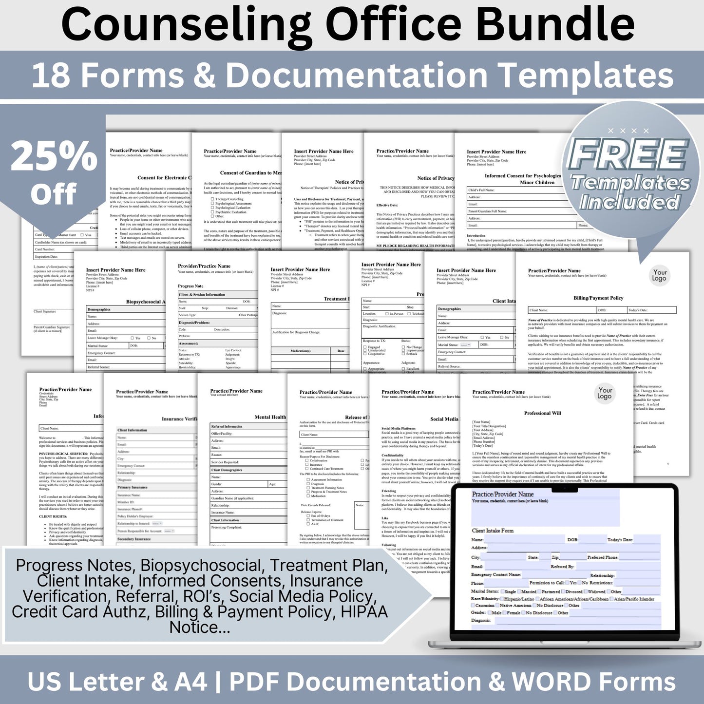 Counseling Forms & Policy Consents Bundle, Therapy Notes for Private Practice, Therapist Office Policies and Consents, PDF and WORD Docs. 18 essential forms, progress notes, treatment plans, biopsychosocial assessments, and client intake forms.