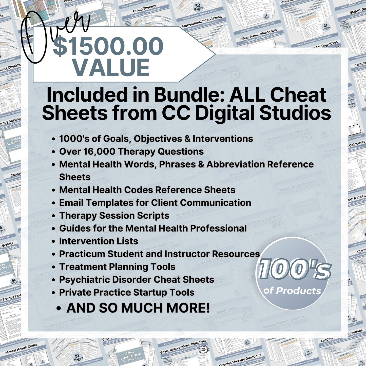 Whole Shop Bundle Therapy Cheat Sheets, Therapy Objectives and Goals, Therapy Questions, SMART Goals, Therapy Interventions, Guides
