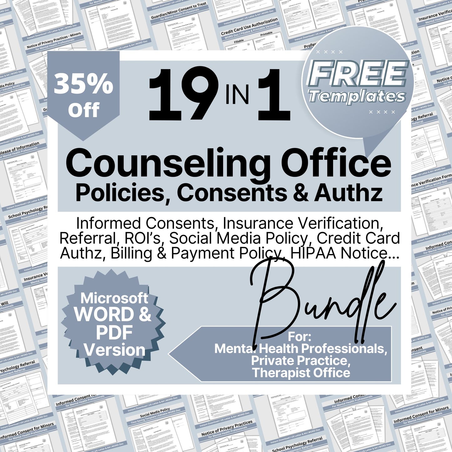 SAVE 35% by purchasing the forms bundle. And save time! Therapy private practice policies, authorizations, notices & consents for your therapy office built and ready for you to use.