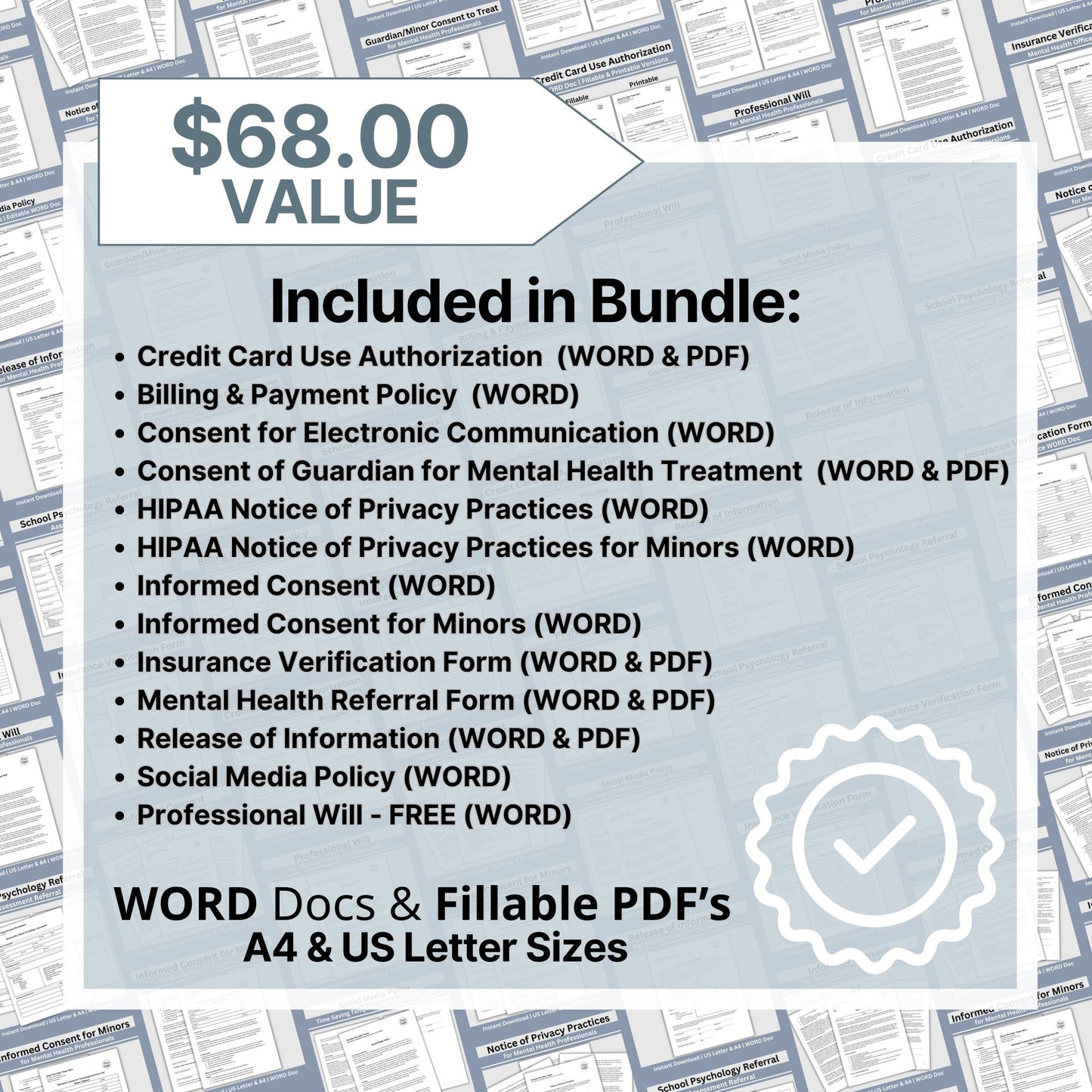 SAVE 35% by purchasing the forms bundle. And save time! Therapy private practice policies, authorizations, notices & consents for your therapy office built and ready for you to use.