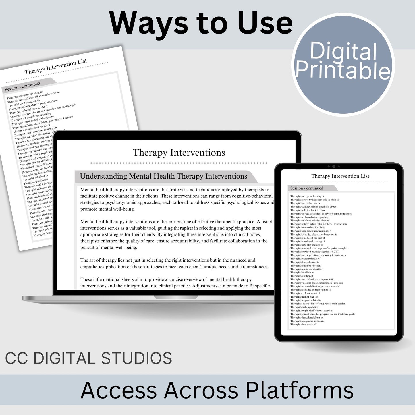 Comprehensive list of psychotherapy interventions that can be personalized for individual clients. Use this therapy tool of clinical terms to identify phrases and starter statements that are most applicable.