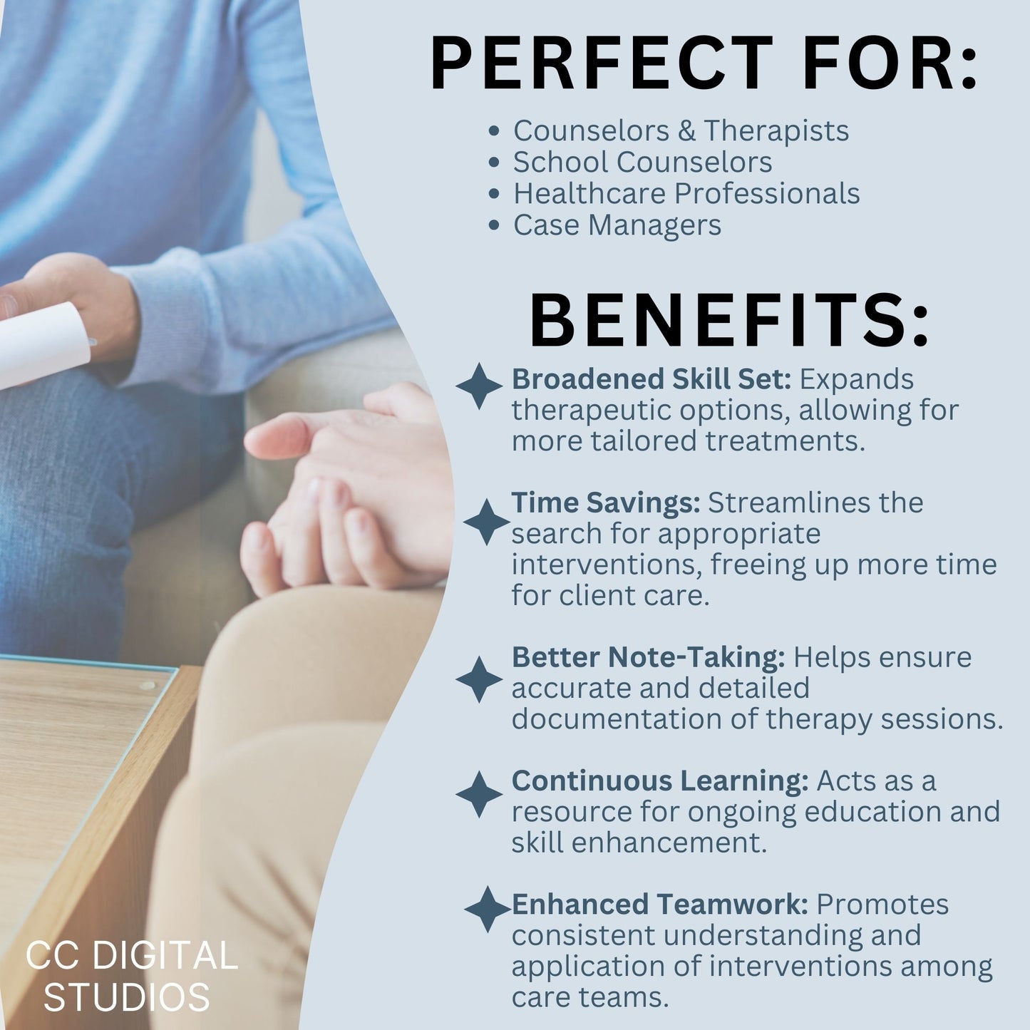 Comprehensive list of psychotherapy interventions that can be personalized for individual clients. Use this therapy tool of clinical terms to identify phrases and starter statements that are most applicable.