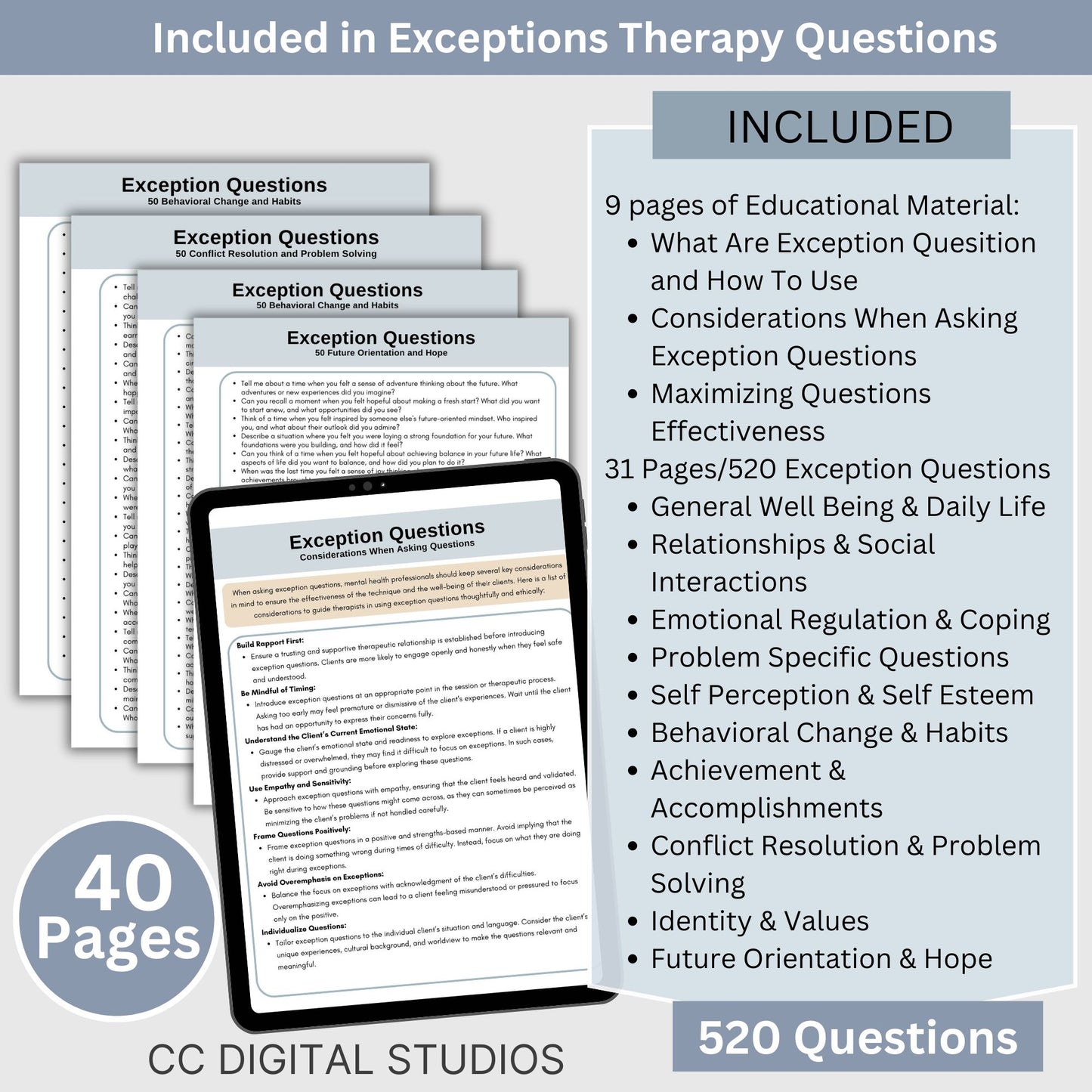 7,205 therapy questions across 300+ pages. SAVE 25% with Bundle. This essential resource for mental health professionals includes leading questions, exception questions, miracle questions, scaling questions, clarifying questions, probing questions, coping skills questions, and goal exploration questions.