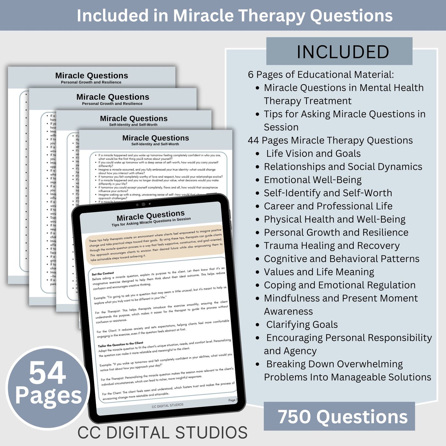 7,205 therapy questions across 300+ pages. SAVE 25% with Bundle. This essential resource for mental health professionals includes leading questions, exception questions, miracle questions, scaling questions, clarifying questions, probing questions, coping skills questions, and goal exploration questions.
