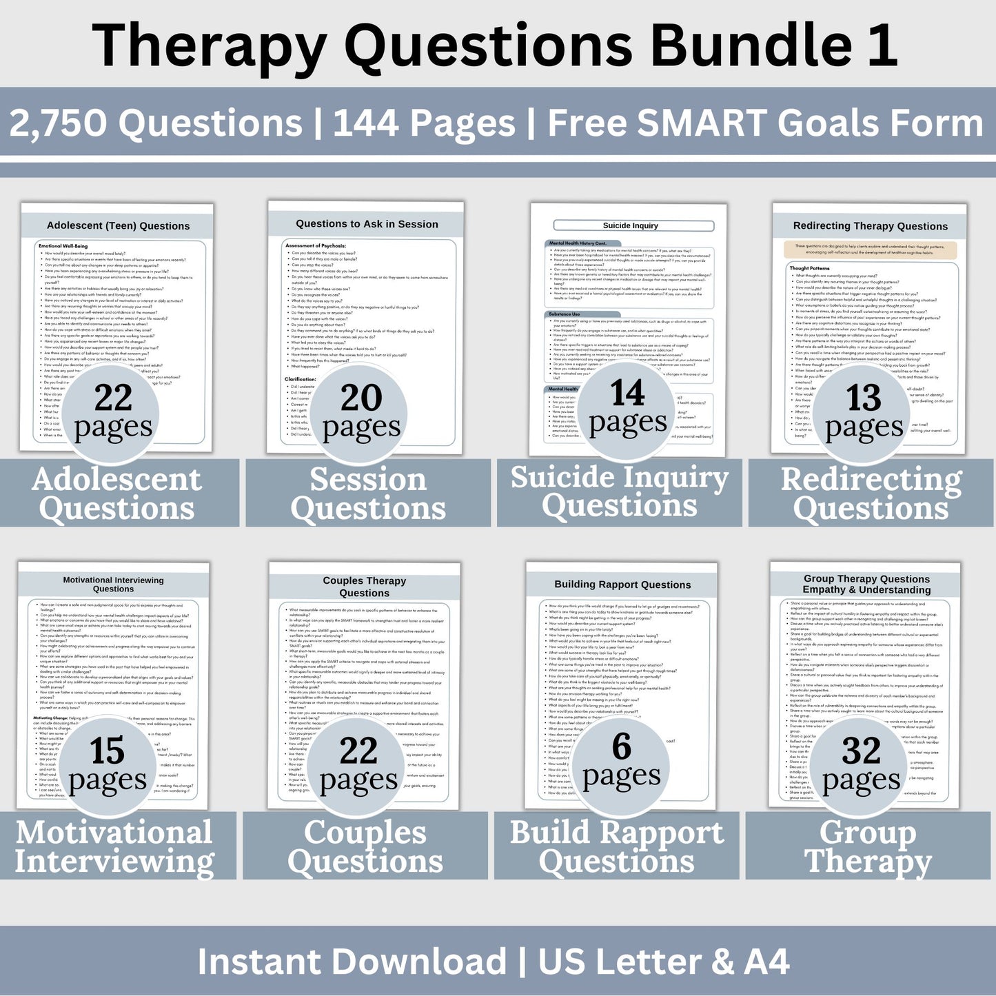 2,750 curated therapy questions across teen therapy, suicide inquiry, redirecting, motivational interviewing, couples therapy, rapport-building, and group therapy. SAVE 25% with this bundle